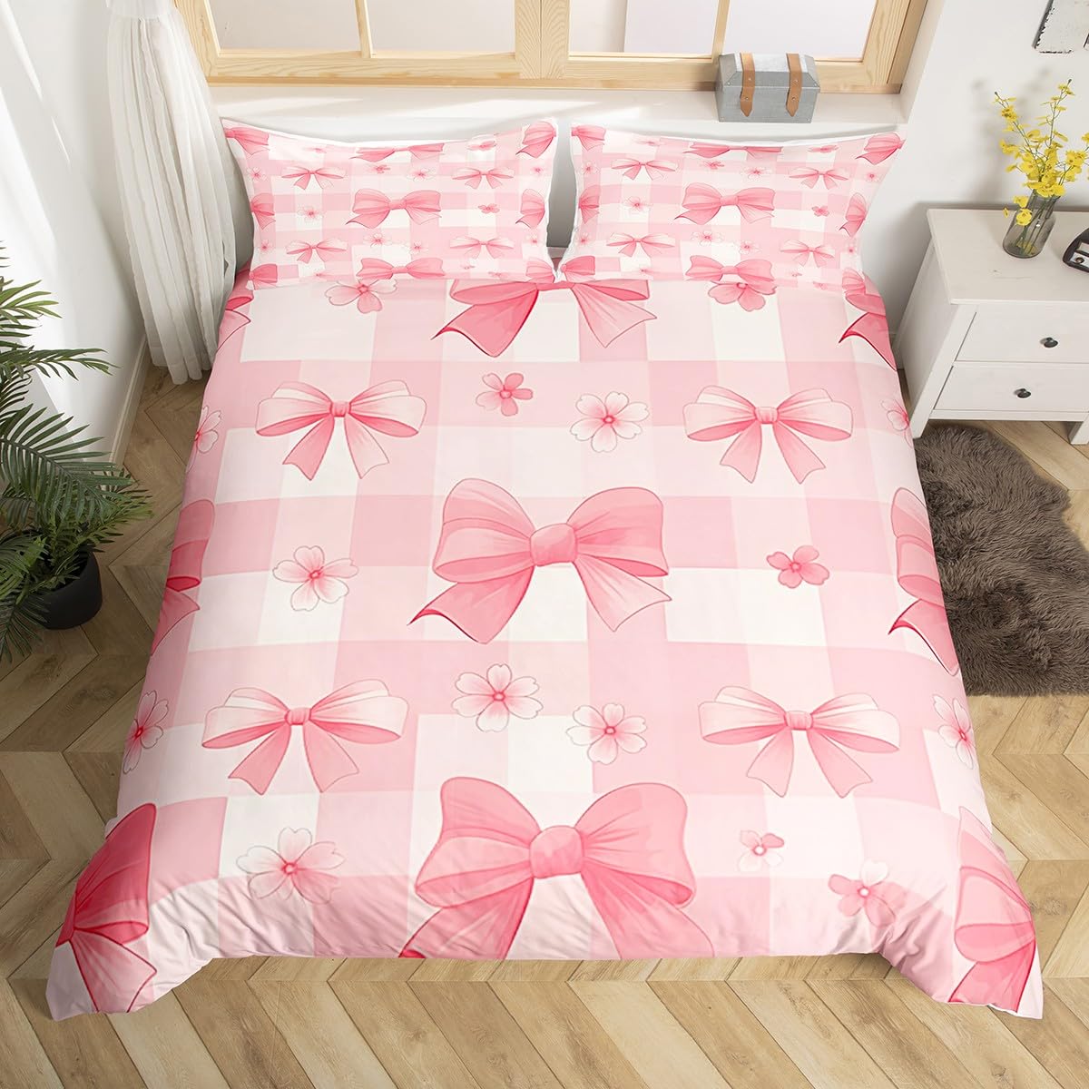 Homemissing Pink Bowknot Duvet Cover Set King Size For Kids Girls Floral Plaid Bow Bedding Set Bow Duvet Cover with 2 Pillowcases Bowknot Grid Bedding Set