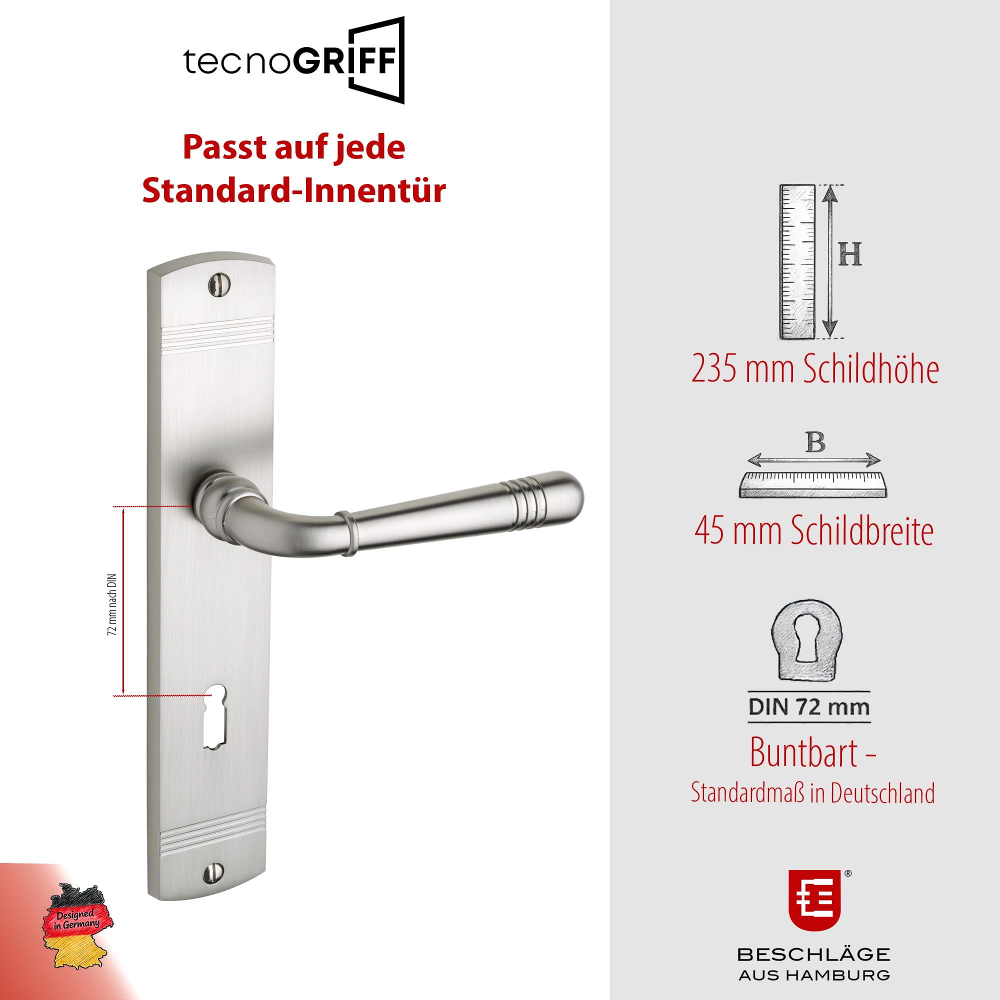 Beschläge Hamburg | Türgriff Türbeschlag | EMILY ART 70-09 MMN BB | Türklinke mit Buntbart Langschild 45 x 235 mm für Zimmertüren | Drückergarnitur/Türdrücker für Innentüren | in matt vernickelt