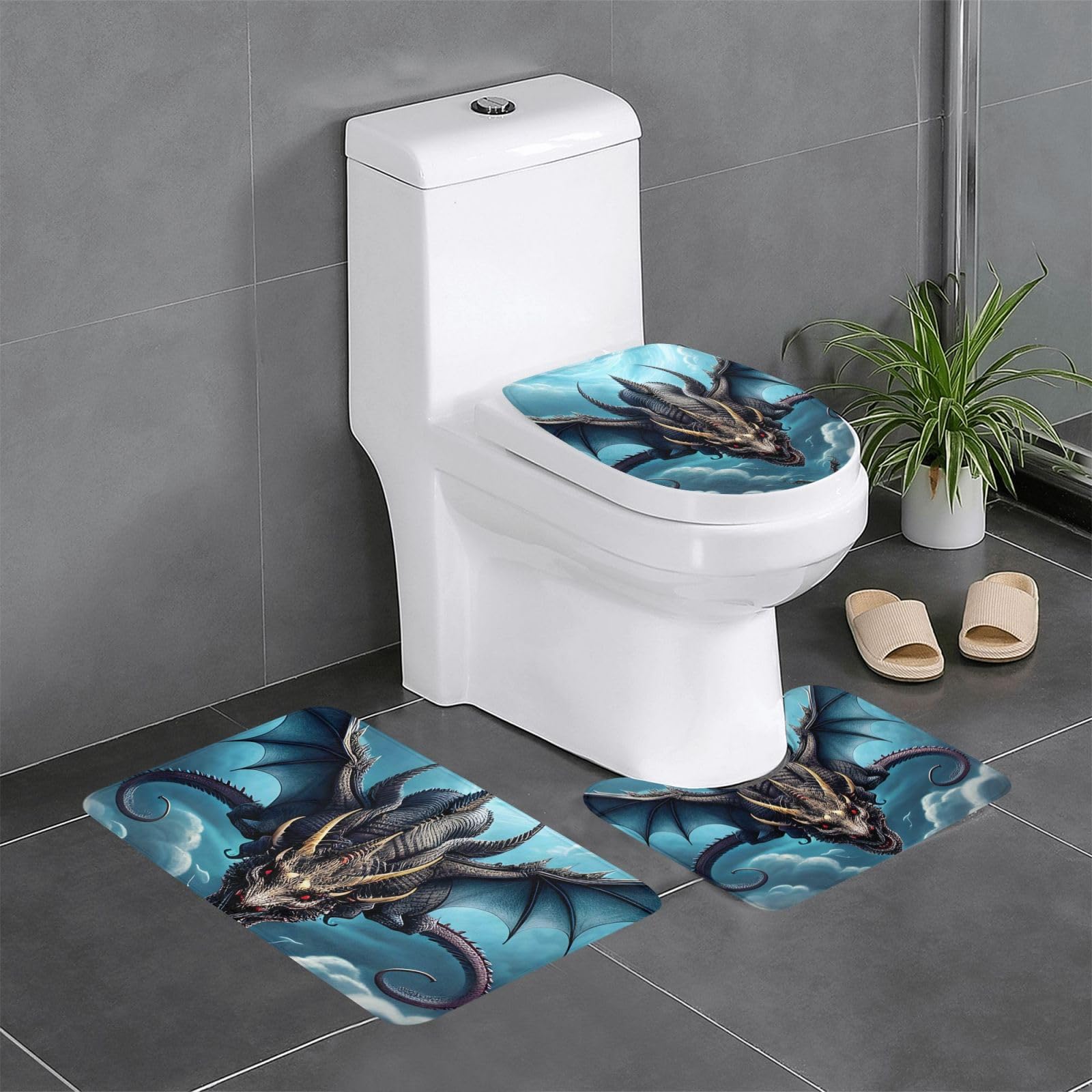 Lot de 3 tapis de salle de bain dragon avec contour et rectangle