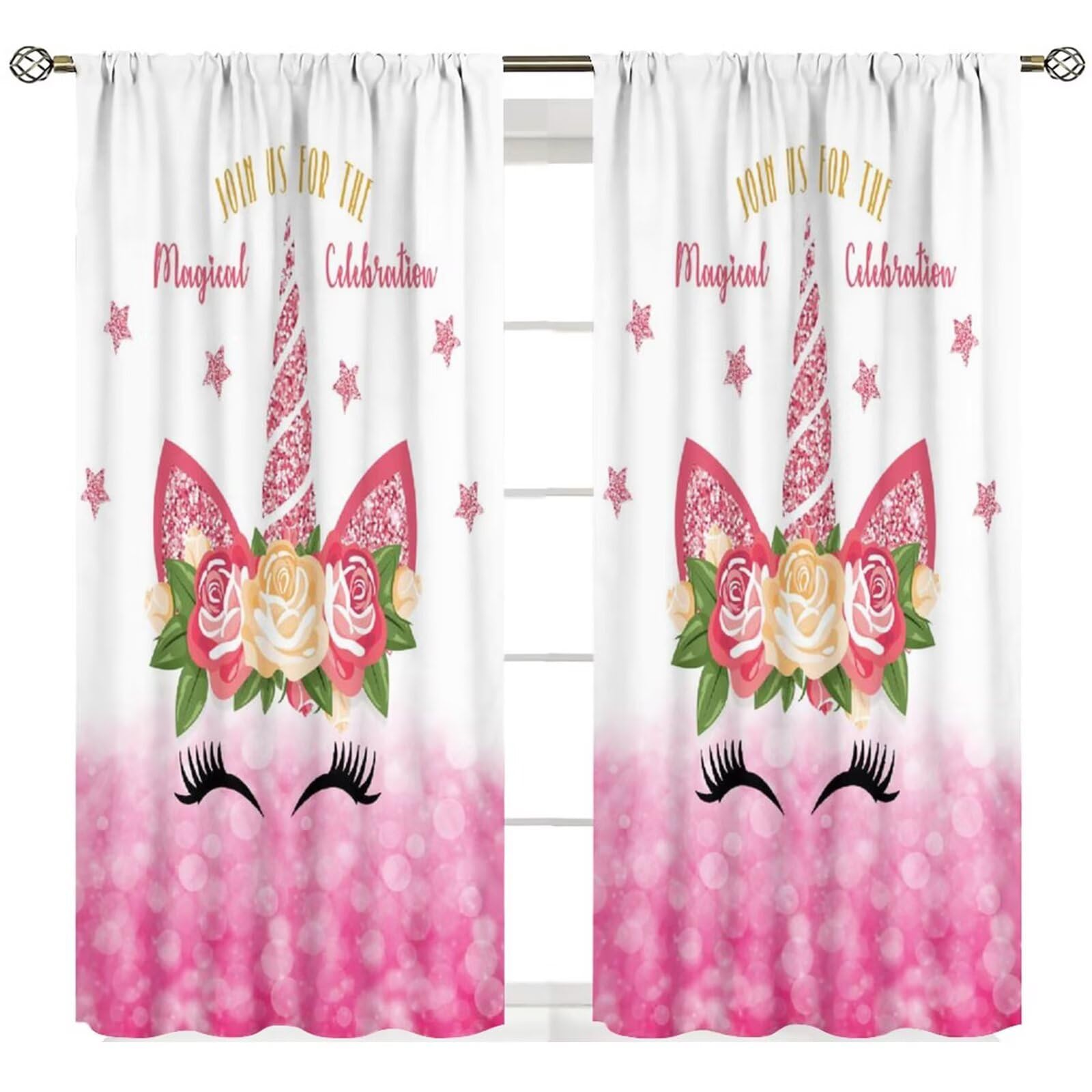 Yearn Jear Kids Unicorn Curtains, Rainbow Pink Gold Princess Window Curtain for Girls Kids Baby Room Living Room Window Treatments 2 Panels Sets, 42x54 Inch Blackout