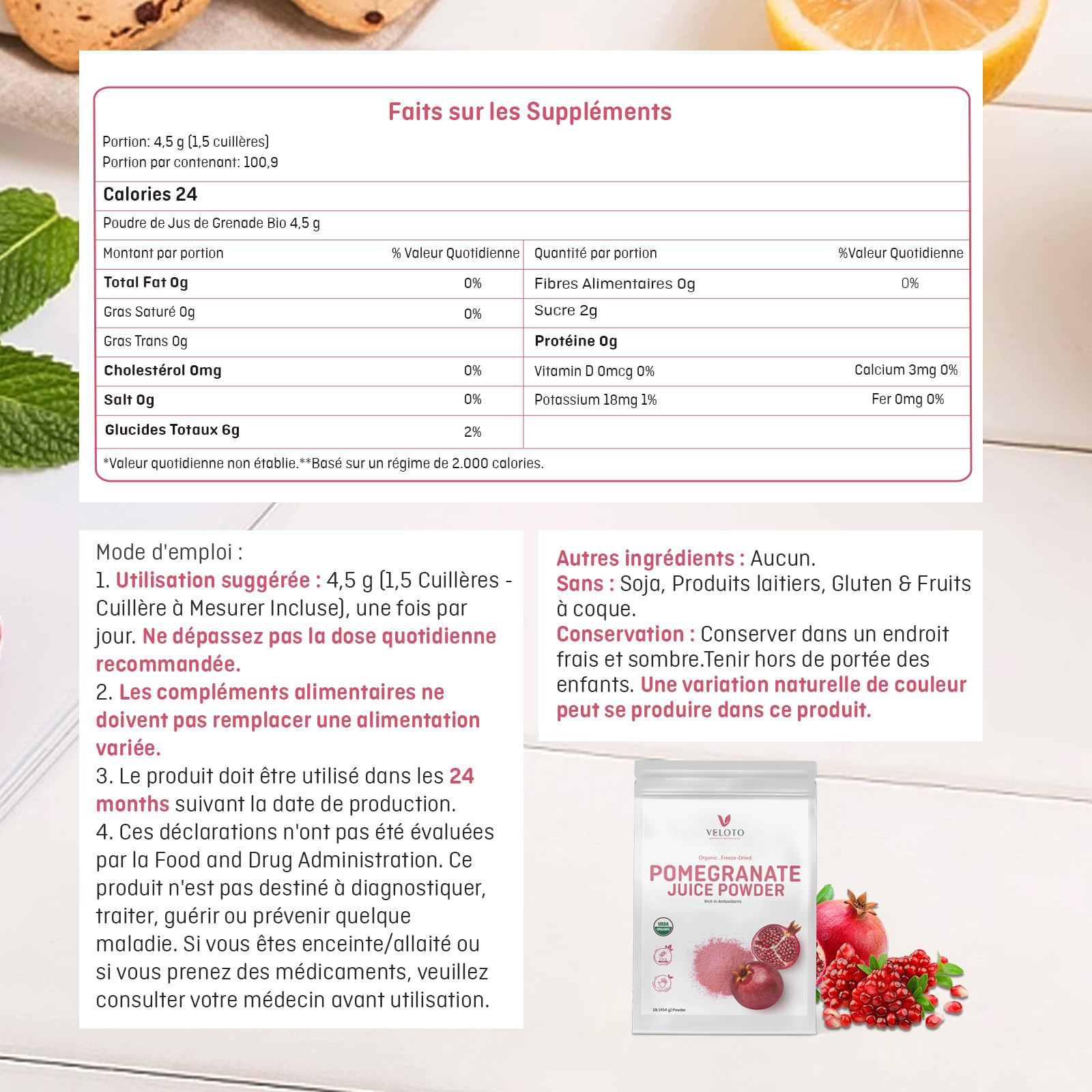 Poudre de Grenade Biologique, 454g Poudre de Fruit de Grenade 100% Naturelle – Riche en Antioxydants, Soutien Immunitaire, Sans OGM, Sans Gluten, Vegan – Pour Smoothies, Yaourts et Shakes