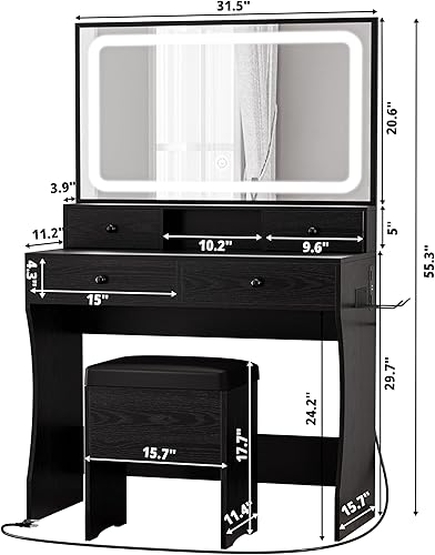 Miniatura 10 de LIKIMIO Escritorio de tocador con espejo iluminado LED, toma de corriente y 4 cajones, juego de mesa de maquillaje con taburete de almacenamiento y