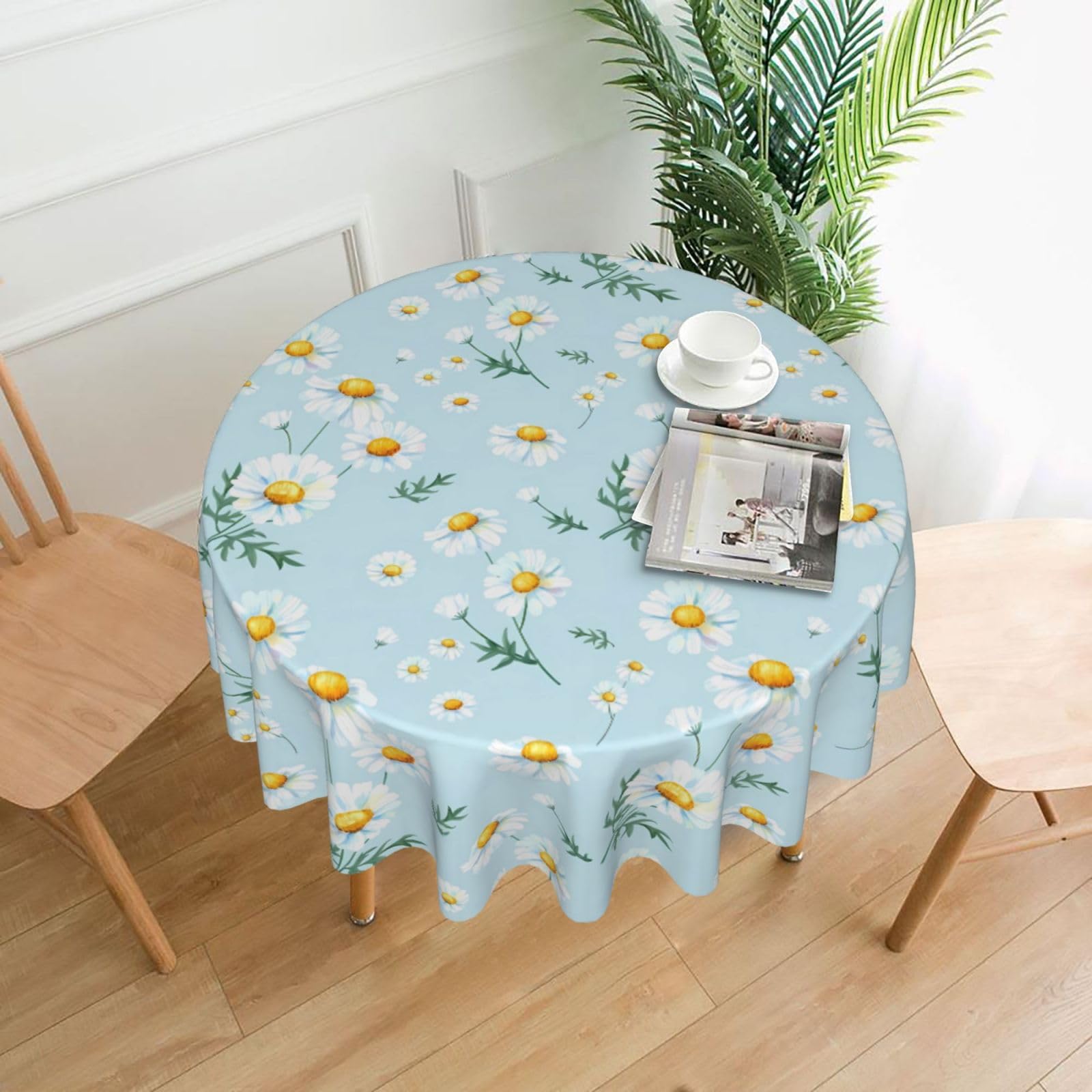 WHJSSF Daisy Prints Round Decorative Tablecloth 60in - Elevate Your Dining Experience with a Stylish & Protective Table Throw