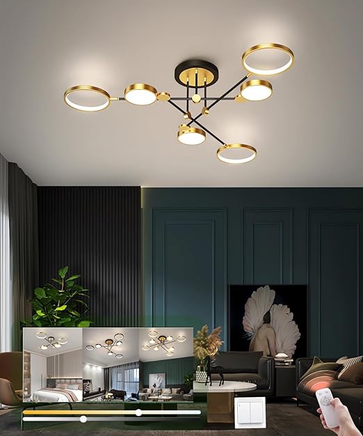 LIYYANG Moderne LED Plafondlamp 6 Heads Dimbare Woonkamer Plafondlamp Slaapkamer Plafondlamp voor Kantoor Keuken Eetkamer Kroonluchter (Goud, 6 koppen)