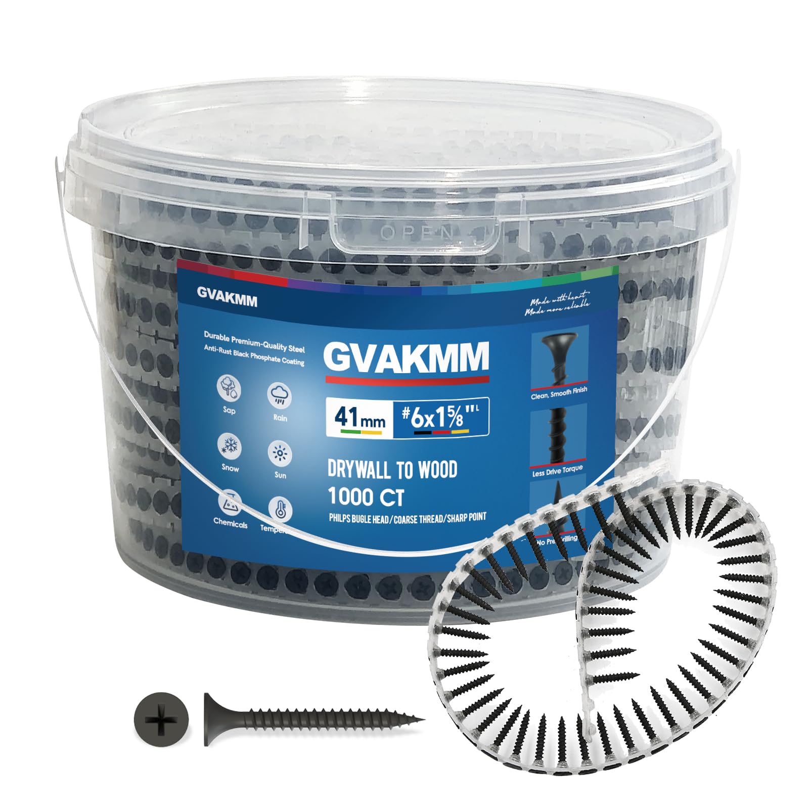 GVAKMM 3.5× 41mm Drywall to Wood Collated Screw – 1000 Pack,Collated Black Wood,Drywall,Sheetrock Screw