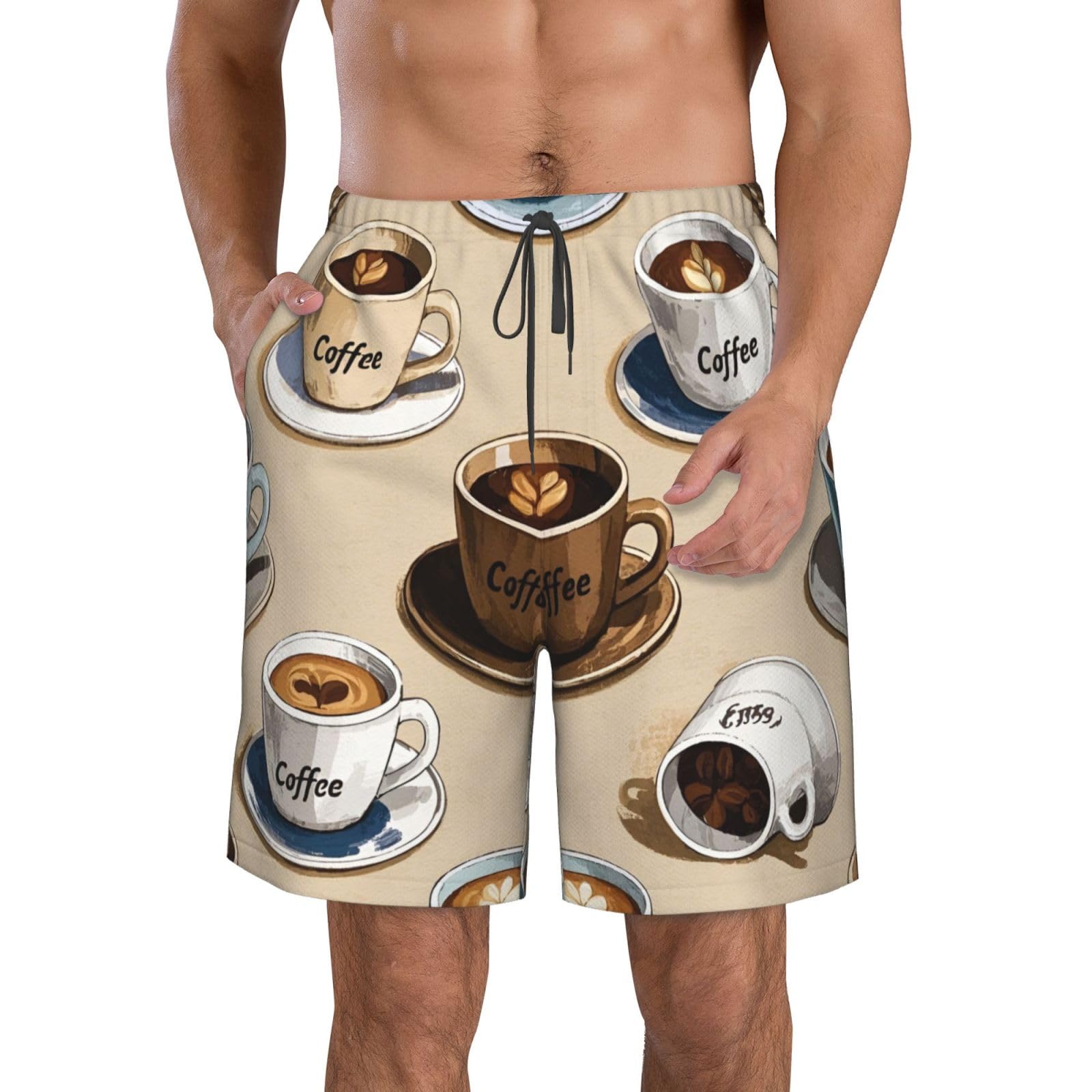 Mens Beach Shorts for Vacation Casual Sports Athletic Running Gym Shorts for Men Retro Coffee Mug