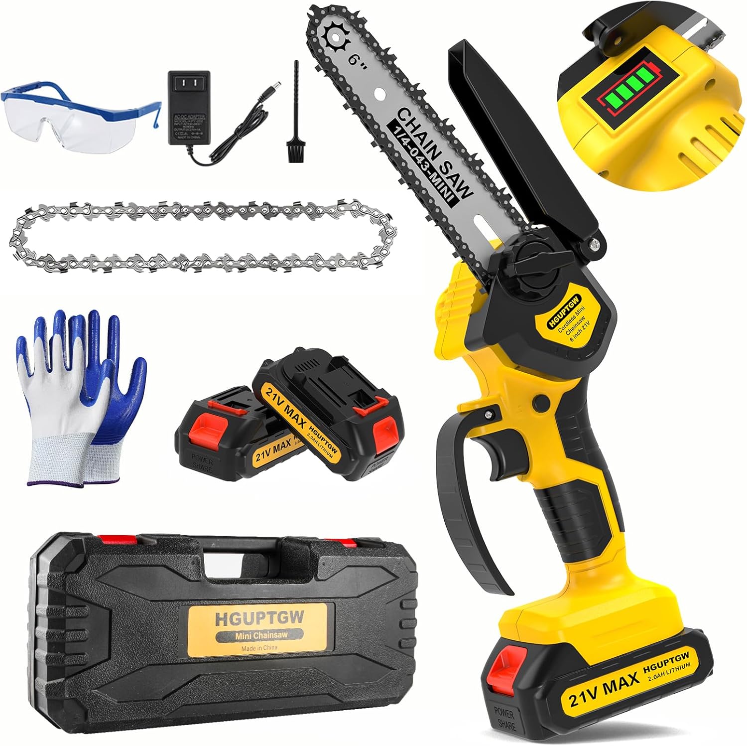 6 Inch Mini Chainsaw Cordless,Upgraded Electric Chainsaw with Battery level display and Tool-Free Tensioner,Portable Mini Chain saw for Trees Branches Trimming,Wood Cutting