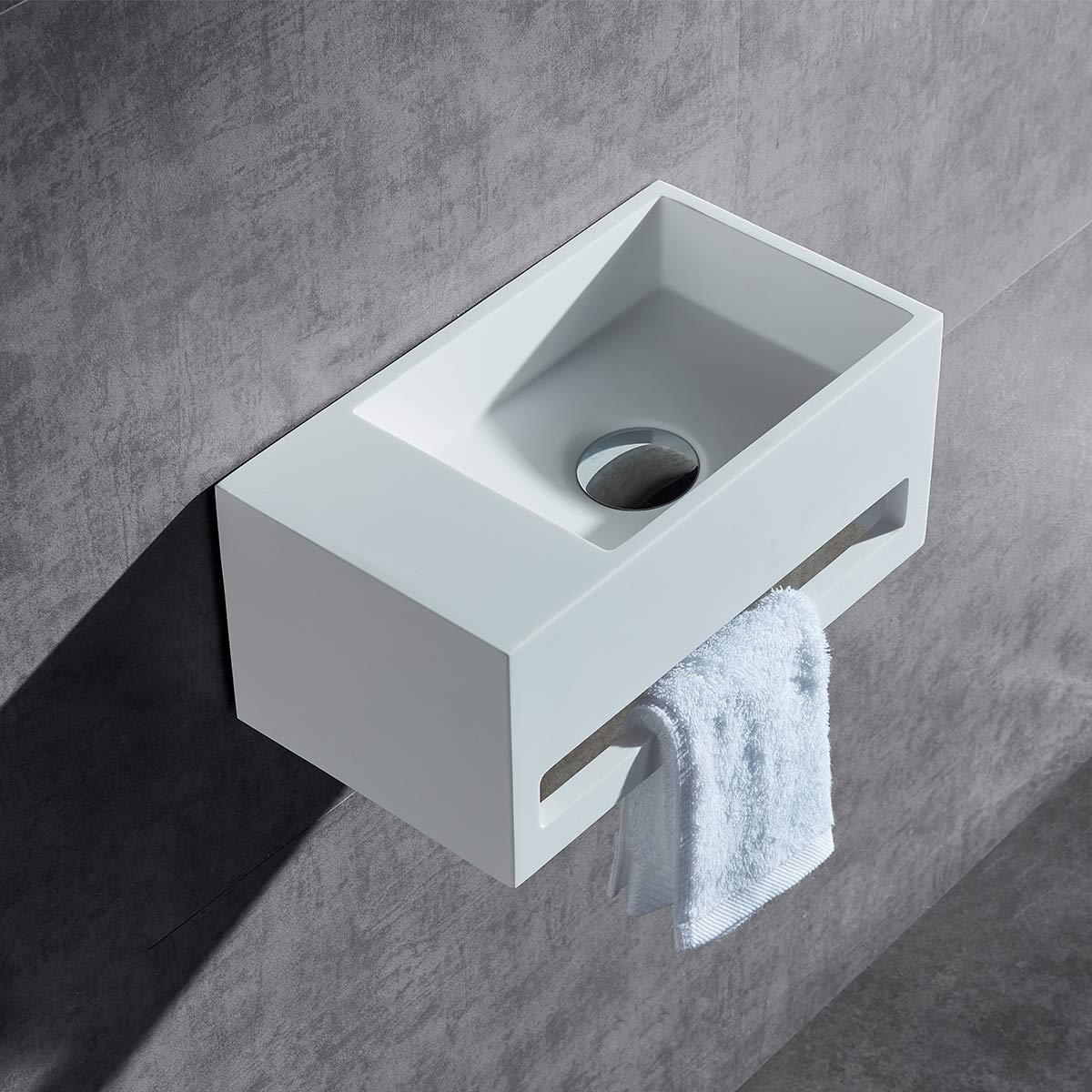 BERNSTEIN - Vasque Lavabo Rectangulaire suspendu Blanc mat 60x40x20cm Lave main mural fonte minérale + Porte-serviette & Bonde cache Blanc - Etagère à gauche - Design, Robuste & Durable - TWG02