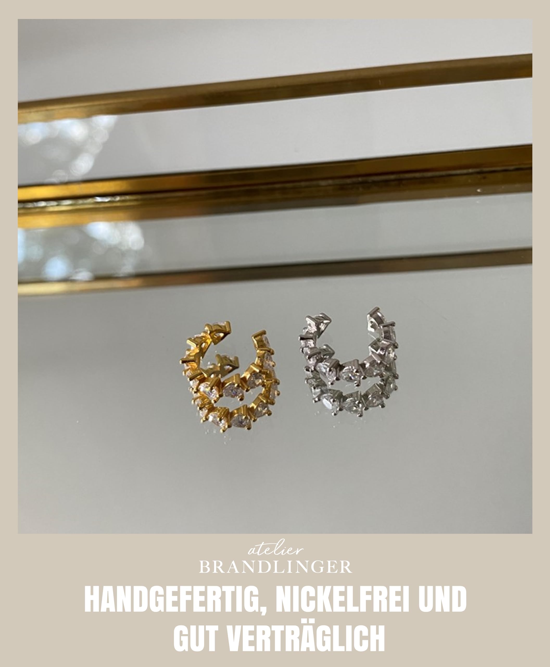 Brandlinger ® Ear Cuff Silber 925 (1 Stück). Ohrklemme Herz mit weißem Zirkonia Stein Schmuck Damen vergoldet mit 18 Karat (Silber und Gold) für Frauen und Mädchen. Durchmesser Ear Cuff 15mm.