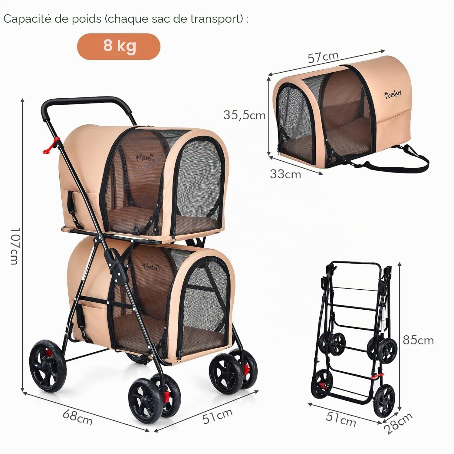 FANTASK Poussette pour chien à 2 étages avec fenêtres en maille et porte-gobelet, poussette pour animaux de compagnie jusqu'à 16 kg, poussette pour chats et petits chiens, poussette pour chien et