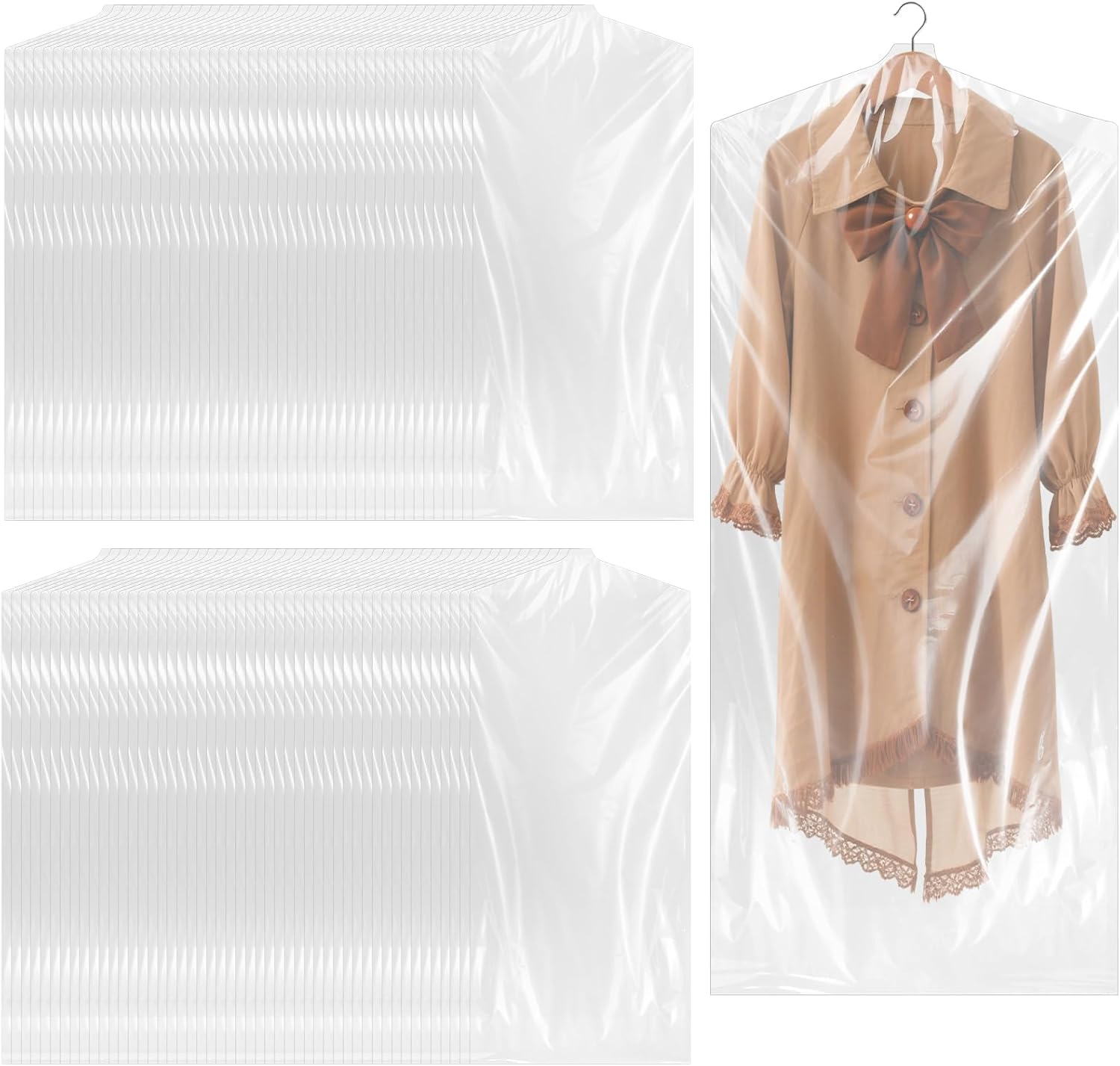 100 Pack Dry Cleaning Bags, 55 Inch Clear Garment Bags, Dust-proof Plastic Clothes Covers for Hanging Clothes, Dry Cleaner, Home Storage, Travel