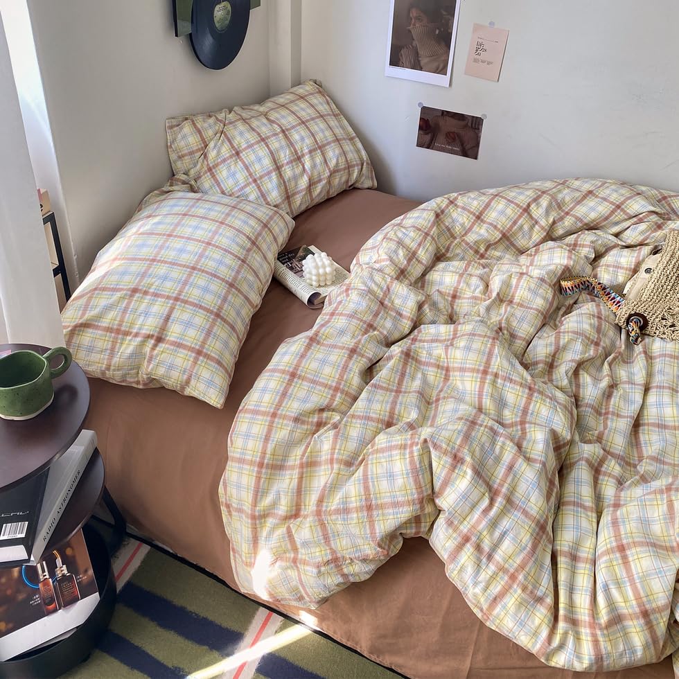 Image of EAVD Vintage Style Buffalo Plaid Duvet Cover King Soft 100% Washed Cotton Chic Blue&Yellow&Brown Grid Checked Plaid Bedding Set with 2 Pillowcases Reversible Gingham Duvet Cover with Zipper