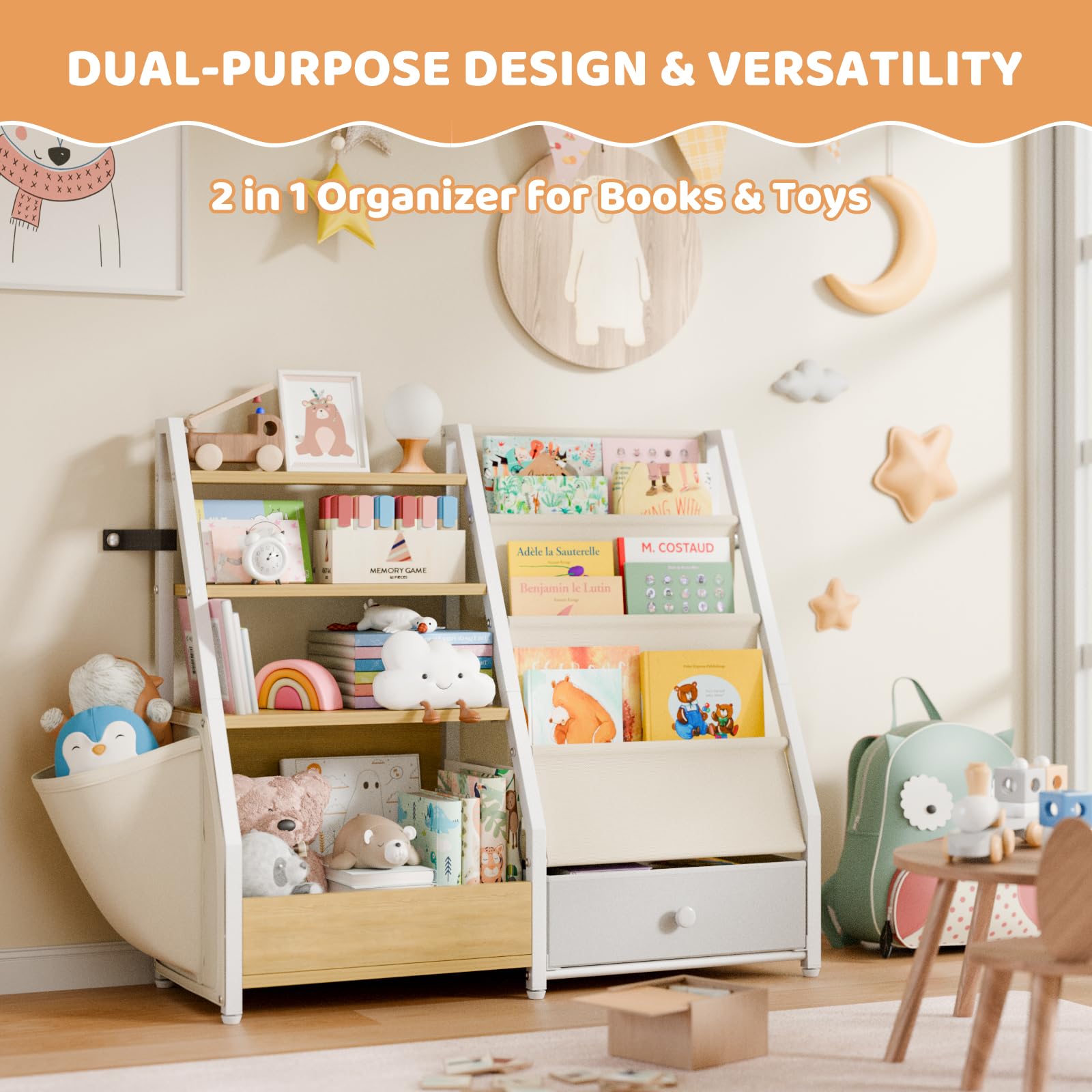 HAVLOTII Libreria per bambini e giocattoli – Scaffale per libri per bambini per la camera dei bambini, libreria per bambini per asilo nido, organizer per giocattoli Montessori, Burlywood