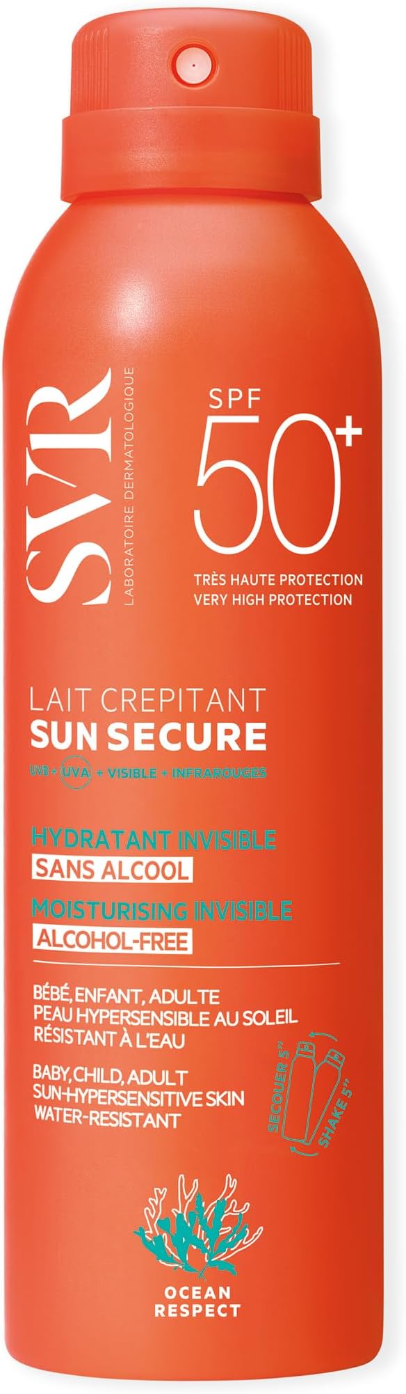 SUN SECURE Face and Body Fizzy Milk Sunscreen SPF 50+ for Hypersensitive Skin, Very High UVA/UVB, Invisible, Water-Resistant, Biodegradable, Reef-Safe, All Ages, 200ml