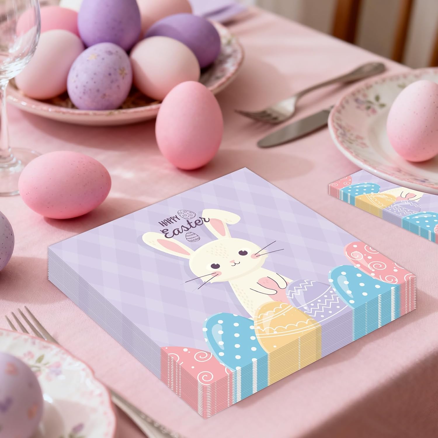 50PCS Happy Easter Paper Napkins Party Decortions, Disposable Purple Easter Bunny Napkins Luncheon Dinner Cocktail Party Table Supplies for Decoupage, Spring Holiday, Wedding, Baby Shower, Birthday