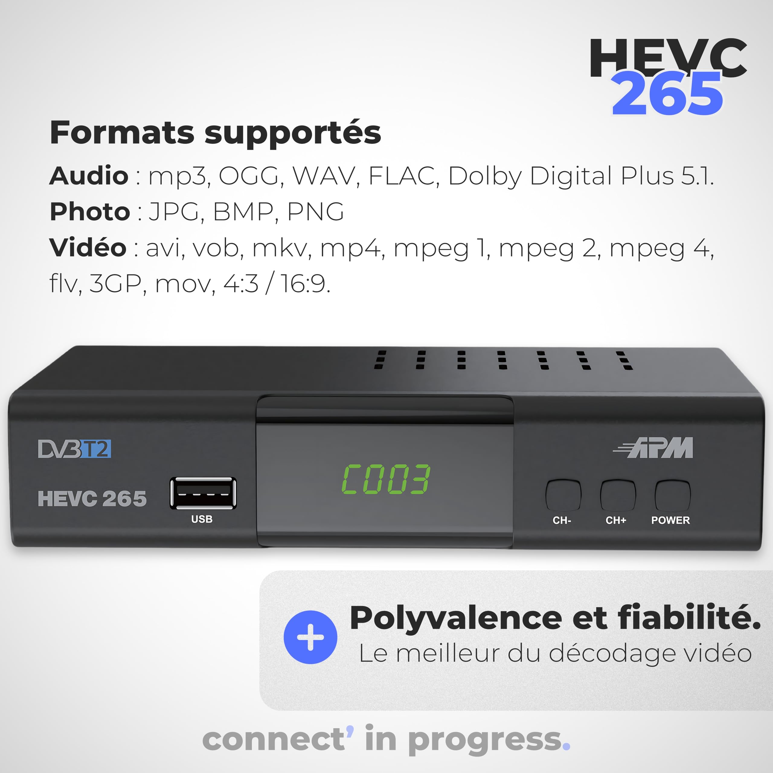 APM Décodeur TNT Full HD 1080p H.265 HEVC DVB-T2 DVB-C HDMI Péritel USB Coax