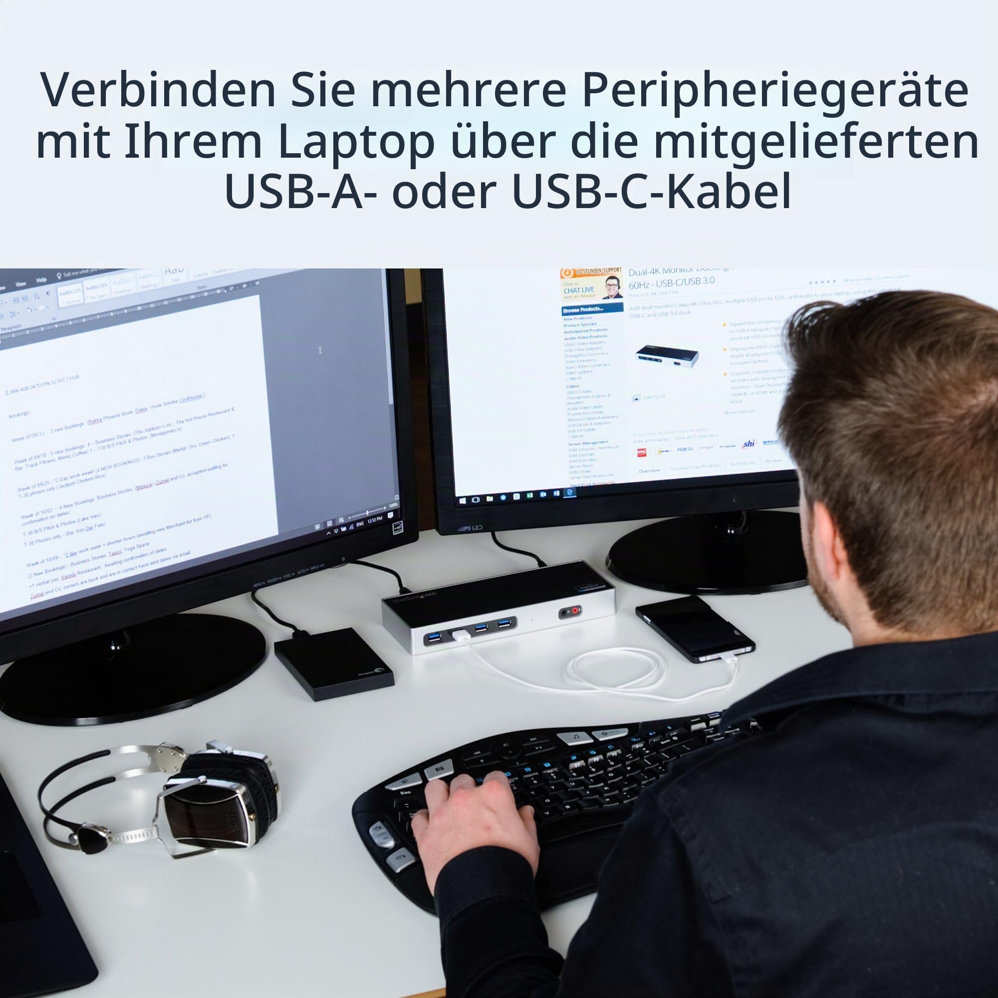 StarTech.com Dual-4K-Dockingstation – USB-C und -A (3.0) – DisplayPort für Zwei Monitore + HDMI-Dock für Mac- und Windows-Laptops (DK30A2DH), Schwarz/Silberfarben