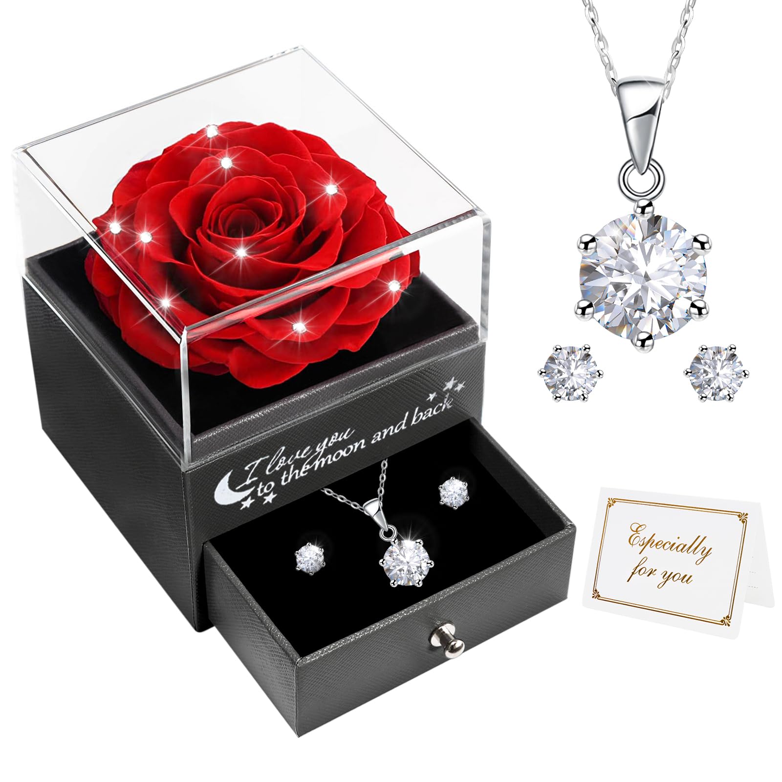 Regalo cumpleaños mujer rosa eterna natural y pendientes de joyería fina