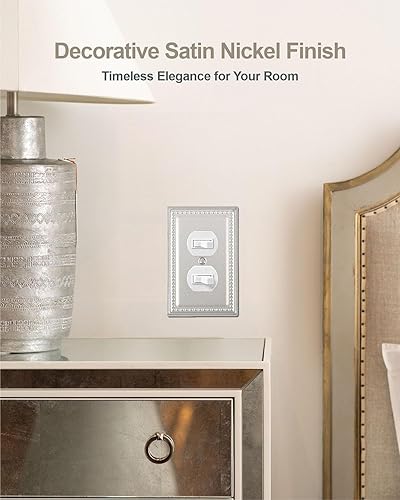 Miniatura 4 de ZILLSEA Paquete de 4 cubiertas de tomacorrientes, placas de pared de metal para enchufes eléctricos, placa decorativa de níquel satinado, tamaño