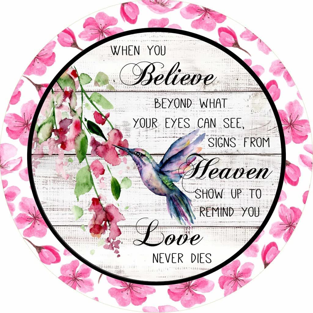 Hummingbird Sign Love Never Dies Sign Hummingbird Decor Wreath Sign Wreath Attachment Round Metal Wreath Sign Funny Tin Signss Bar Home Kitchen Room Art Wall Plaque Decor Gift 12x12 Inch