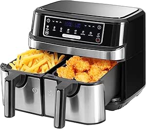 Friggitrice Ad Aria 9L | Friggitrice Aria Doppio Cestello con 2x4,5L Cestello, 8-in-1 Airfryer Controllo Indipendente Temperatura 50-200℃, Grande Doppia Zona 2600W Air Fryer LED Schermo Touch Timer
