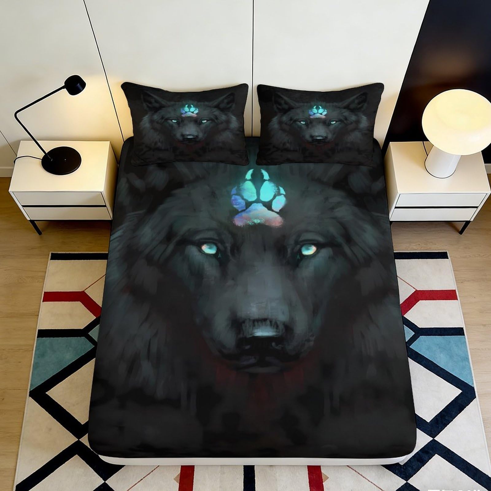 Pnayamiorkfel Style-5 3D Printed Black Wolf Fitted Sheet Microfiber Soft Breathable Blue Eyes Mattress Cover For Bedroom Dorm Decor 90X200x25cm