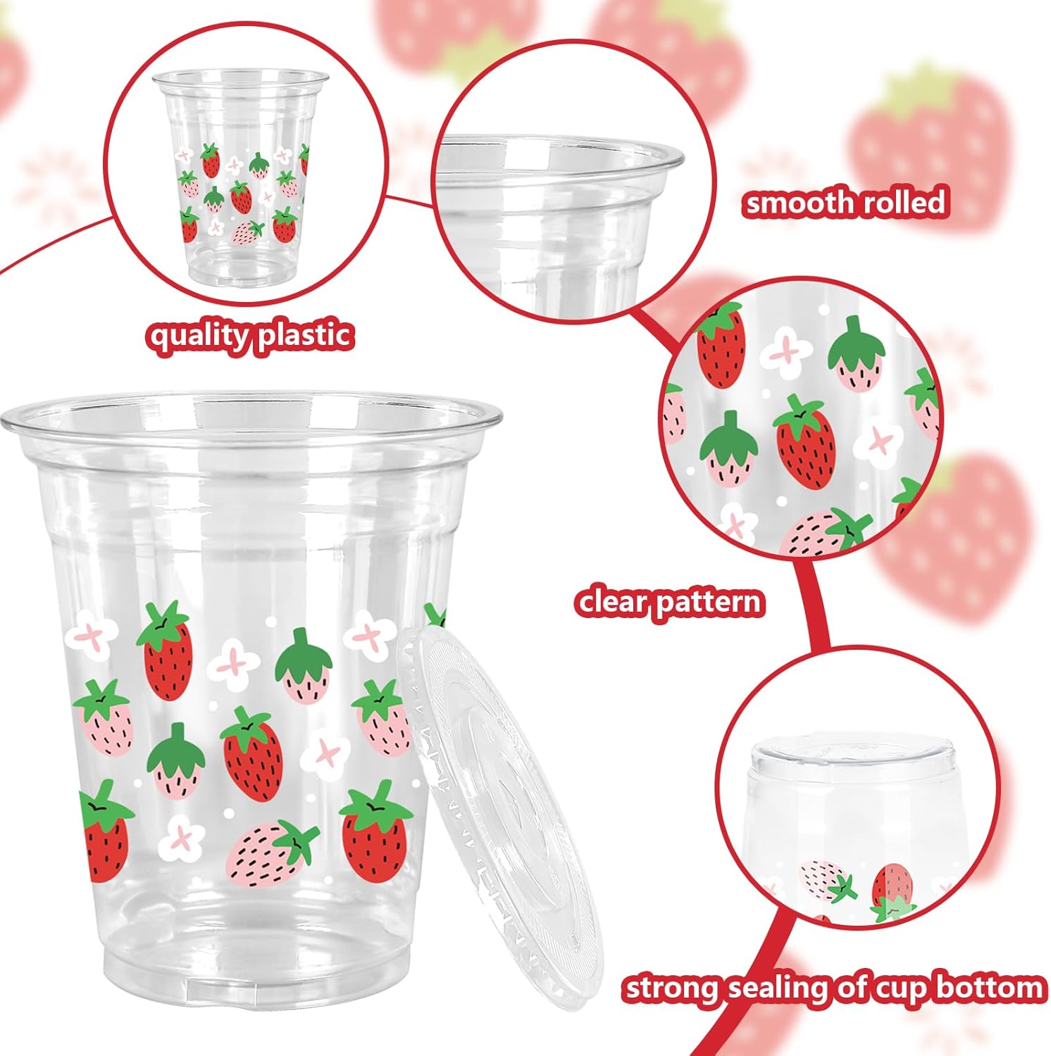 50Pcs 12Oz Strawberry Floral Plastic Cups with Lids & Straws Pink Red Strawberry Flower Clear Disposable Cups for Spring Summer Party Supplies - Image 3
