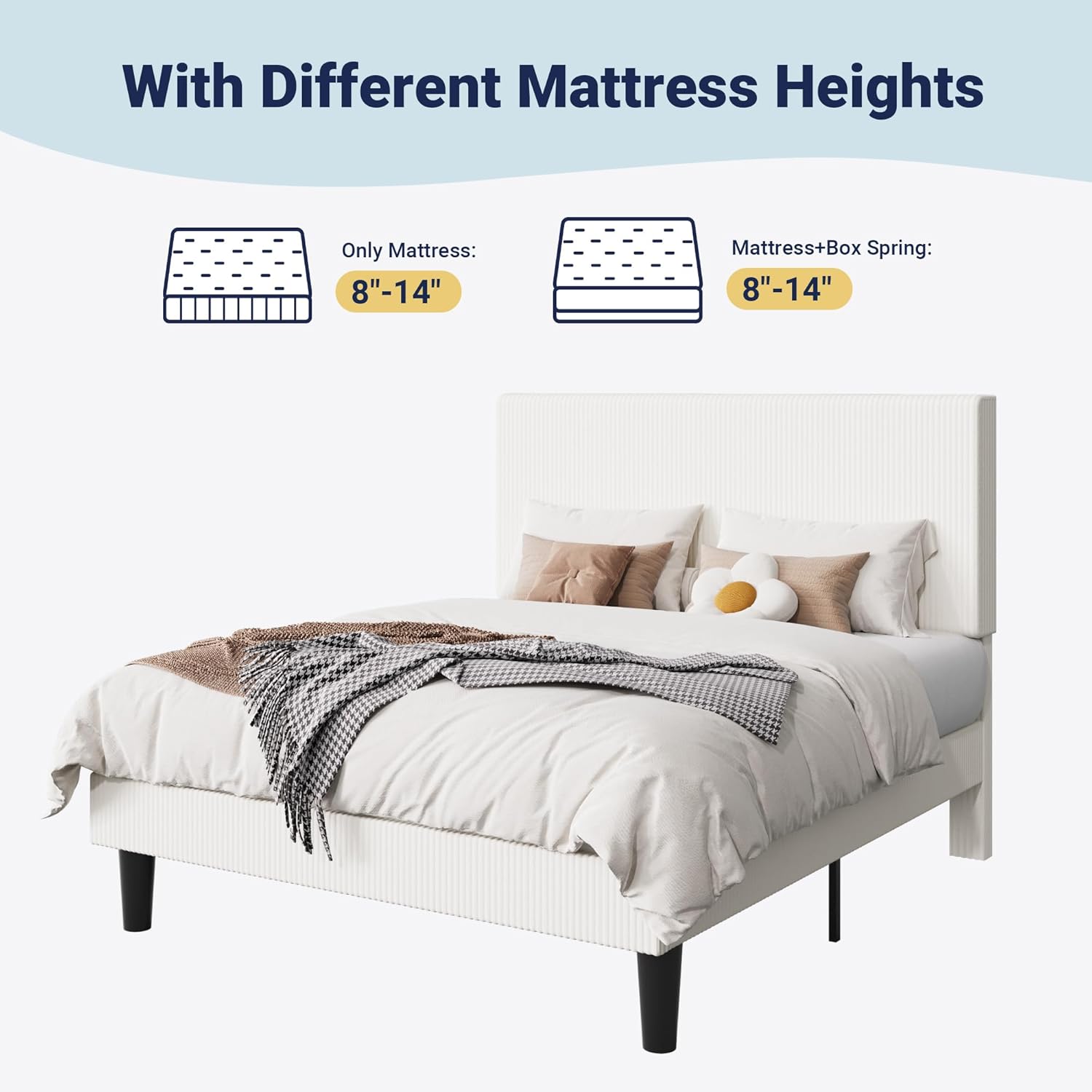 Allewie Queen Size Upholstered Bed Frame with Vertical Channel Tufted Headboard, Soft Corduroy Fabric Platform Bed, Strong Wooden Slats Support, Easy Assembly, No Box Spring Needed, White