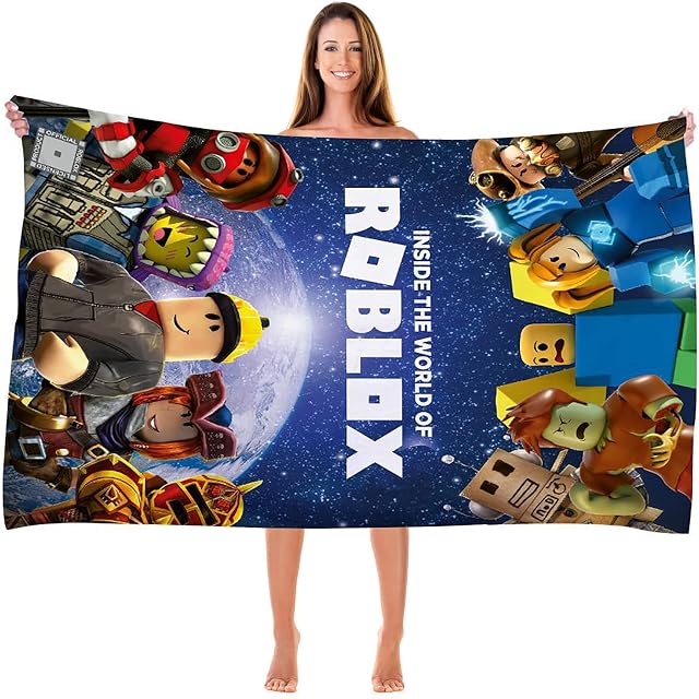 Bonamana Roblox 3D Print Bath Towel for Kids Pool Towel Children's Bath Sheets Ultra Soft Super Absorbent Durability Beach Sauna Bathroom Face Towels Teens Adults Daily Use Blue