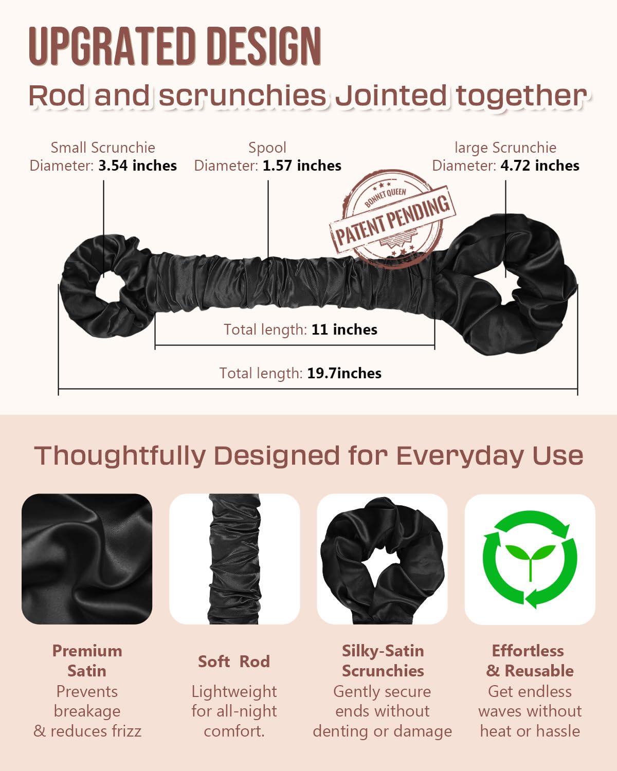 BONNET QUEEN Bigodini Morbidi per Dormire Satin Bigodino Lungo per Boccoli Arricciacapelli Senza Calore Hair Curler Heatless Curls con Scrunchie, Grandi, 1PZ, Nero