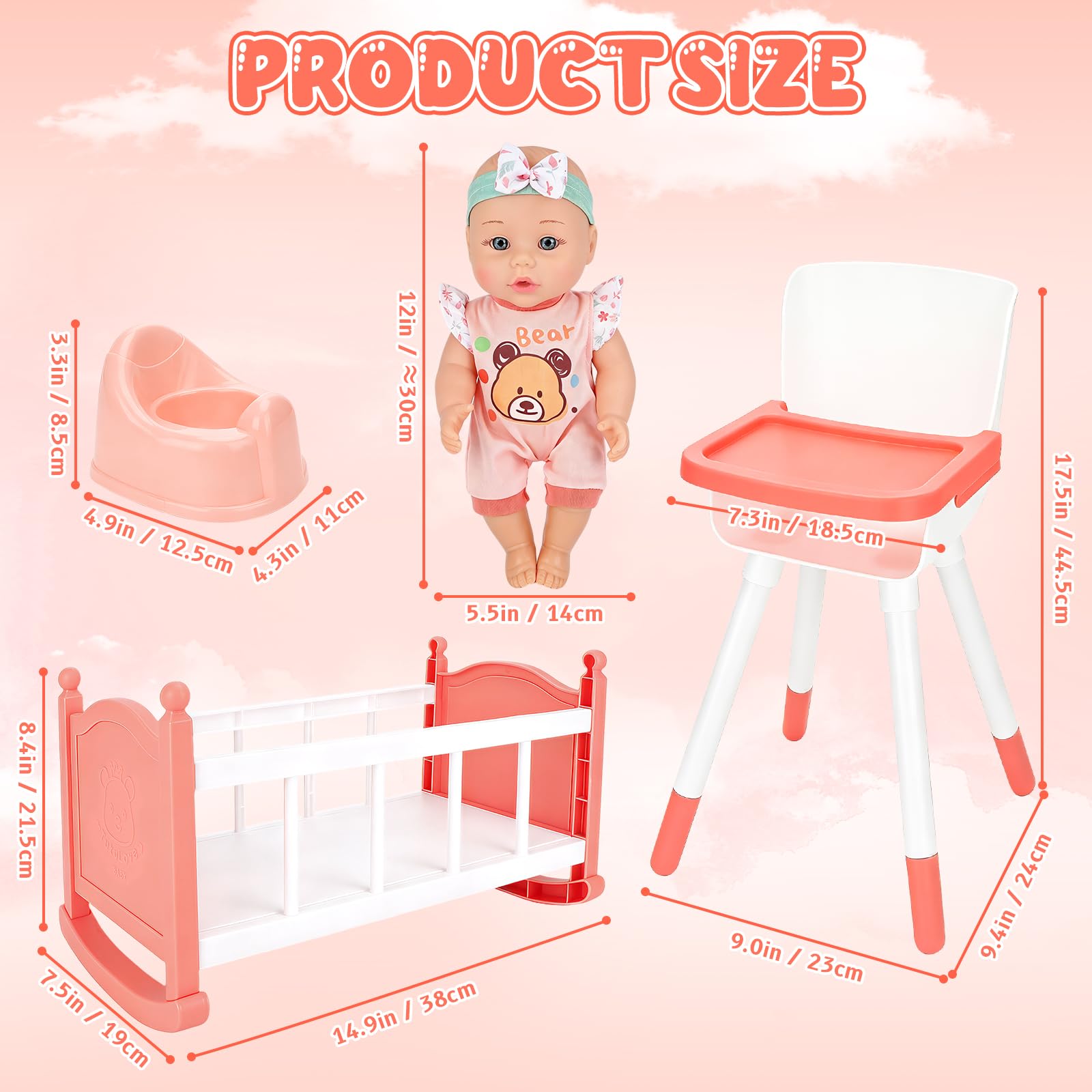 deAO Bambola con Accessori, Lettino e Seggiolone, Rosa | 30 cm Set di Giocattoli per Bambole con Giunture Mobili per Giochi di Ruolo e Regalo Bambini 3+