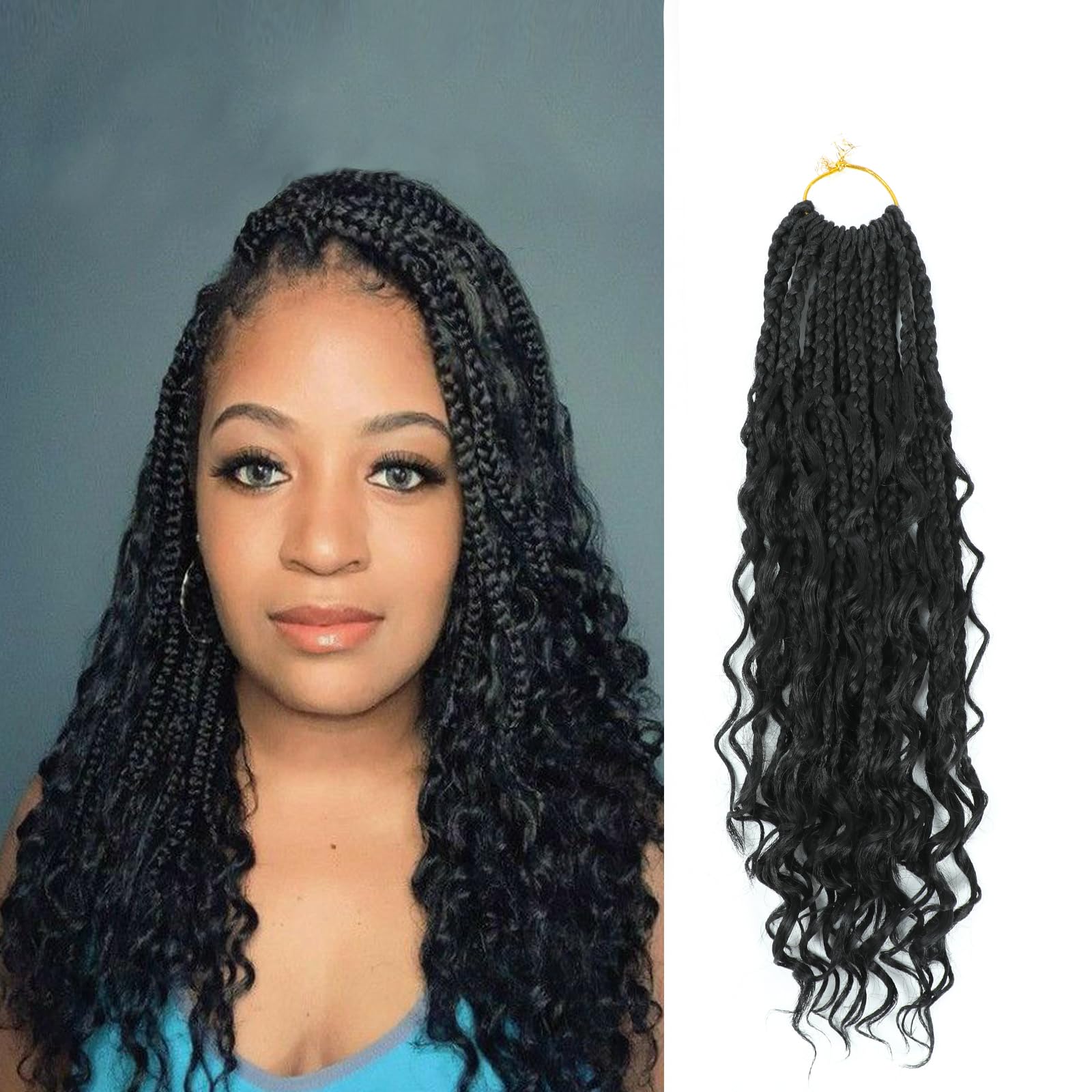 Goddess Box Braids Crochet Hair Bohomian Curly Ends Braids Pre-looped Boho Box Braids 8 Packs 3X Braided Synthetic Hair Extension for Black Women Girls Black Color(16inch, 1B)