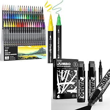 60 Colors Dual Tip Acrylic Paint Pens Markers+4 Pcs Black Jumbo Poster Marker Set, 15mm Wide Tip and 0.7mm Fine Tip