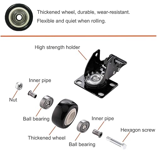 Miniatura 5 de Juego de 4 ruedas giratorias de 1.5 pulgadas, ruedas giratorias de alta resistencia, 2 piezas con freno, se suministran con herramientas de