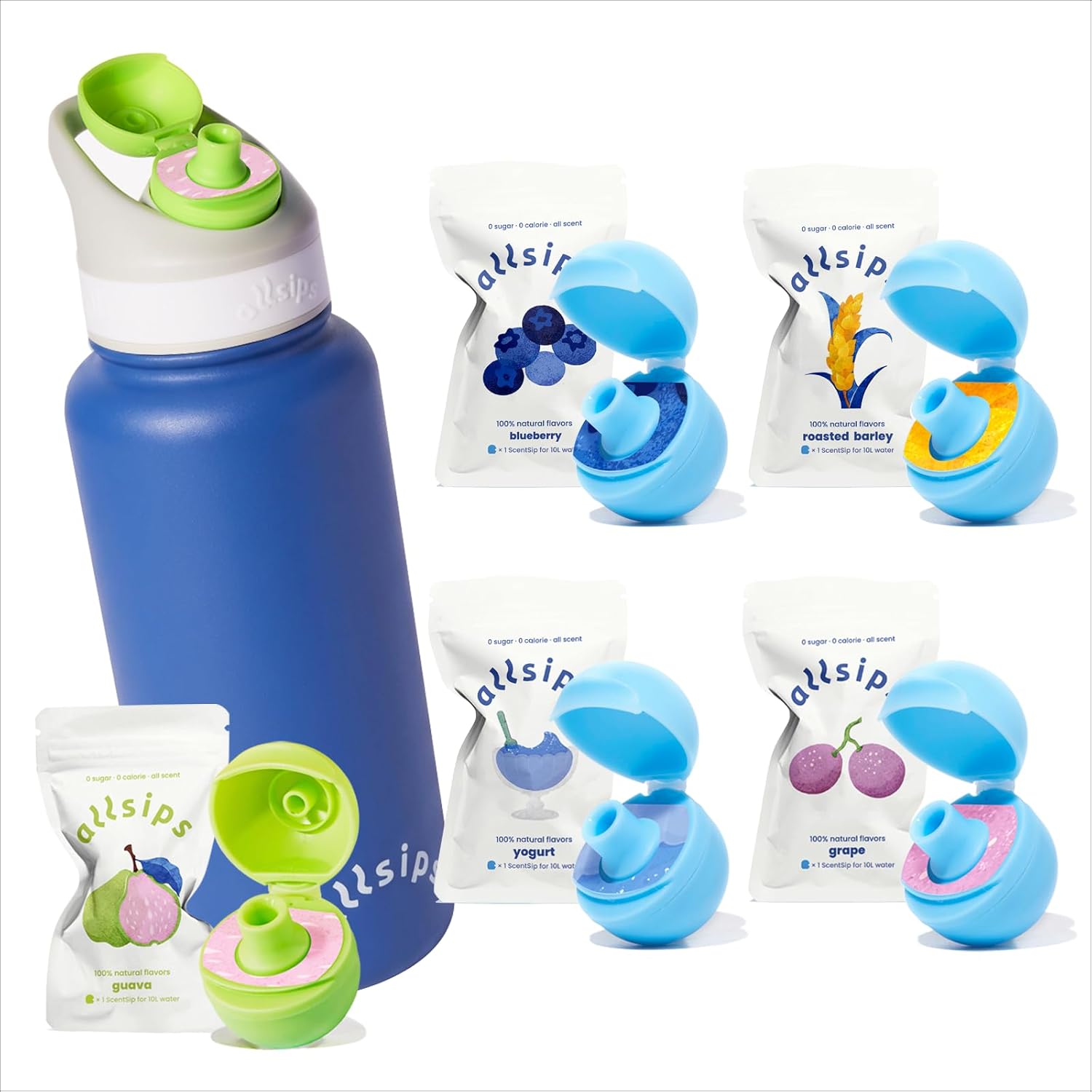 32oz Coastal Odyssey Stainless Steel Air Water Bottle with 5 ScentSip Flavor Pods, Yogurt, Guava, Blueberry, Roasted Barley, Grape Flavor Pods