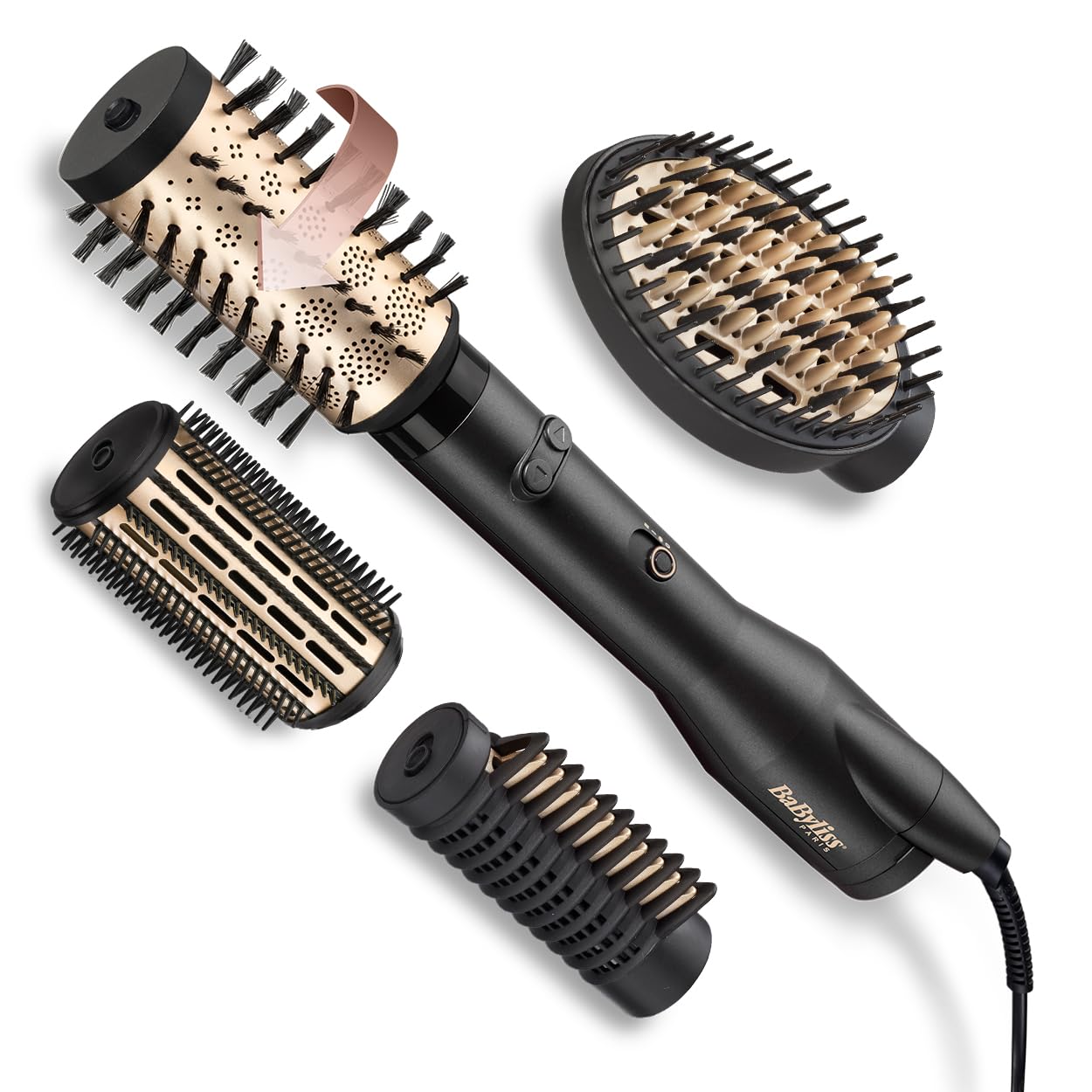 Babyliss AS970E Spazzola Rotante Da 650W, Funzione Ionica Anti-Crespo, 4 Accesori Per Asciugare E Modellare, 2 Temperature + Tasto Aria Fredda, Nero E Oro-image