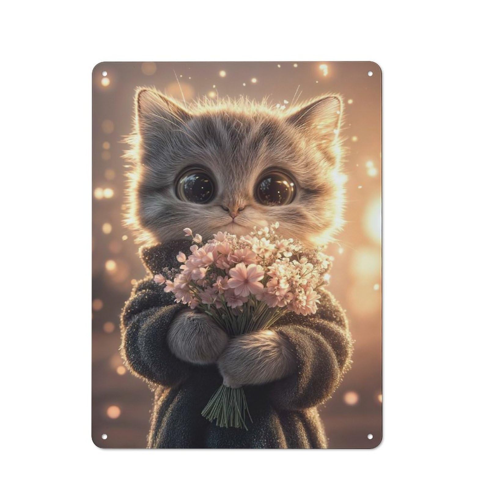 Rustic Tin Sign 40x30cm Featuring Cute Kitten with Flowers for Living Room Wall, for Room Styling Across Living Rooms And Feature Walls