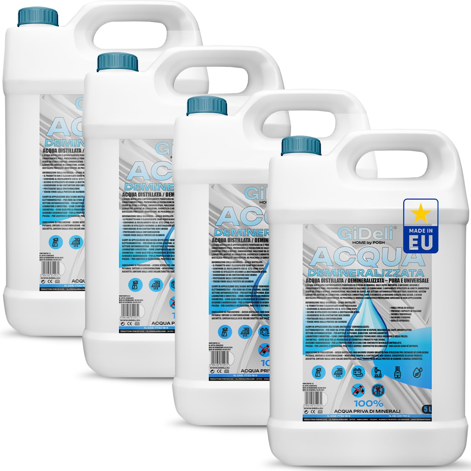 GiDeli Acqua demineralizzata 4 x 5 l acqua distillata per ferro da stiro, batterie, refrigeratore, umidificatore, acquario e laboratorio acqua senza calcare, inodore, trasparente