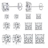 6 Pairs Stud Earrings Set 3mm/5mm/7mm Princess & Round Cubic Zirconia Earrings Hypoallergenic 316L Surgical Stainless Steel CZ Earrings for Women Men