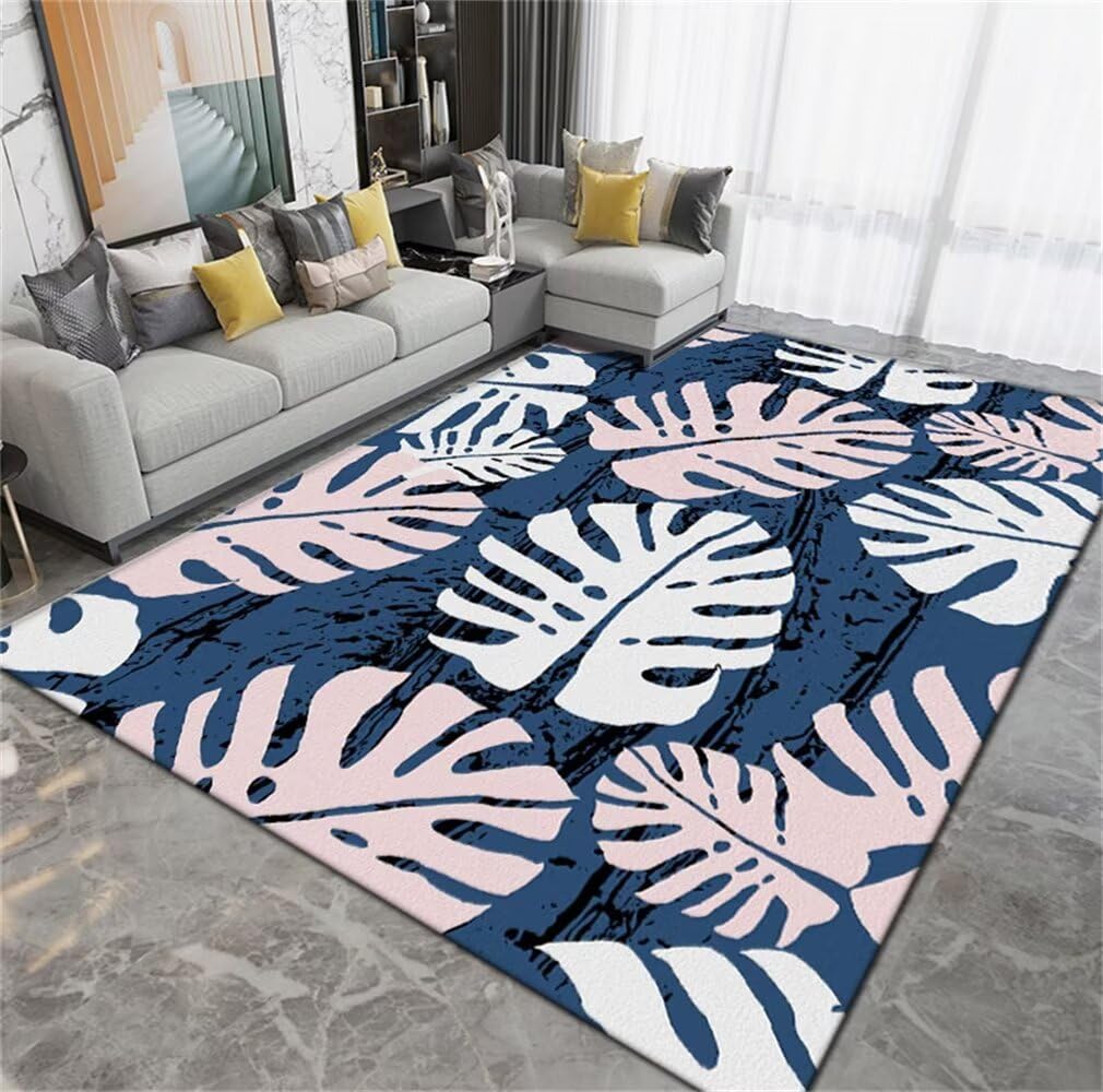 Tapis de couloir long 60x110CM bleu lavable motif feuilles pour chambre
