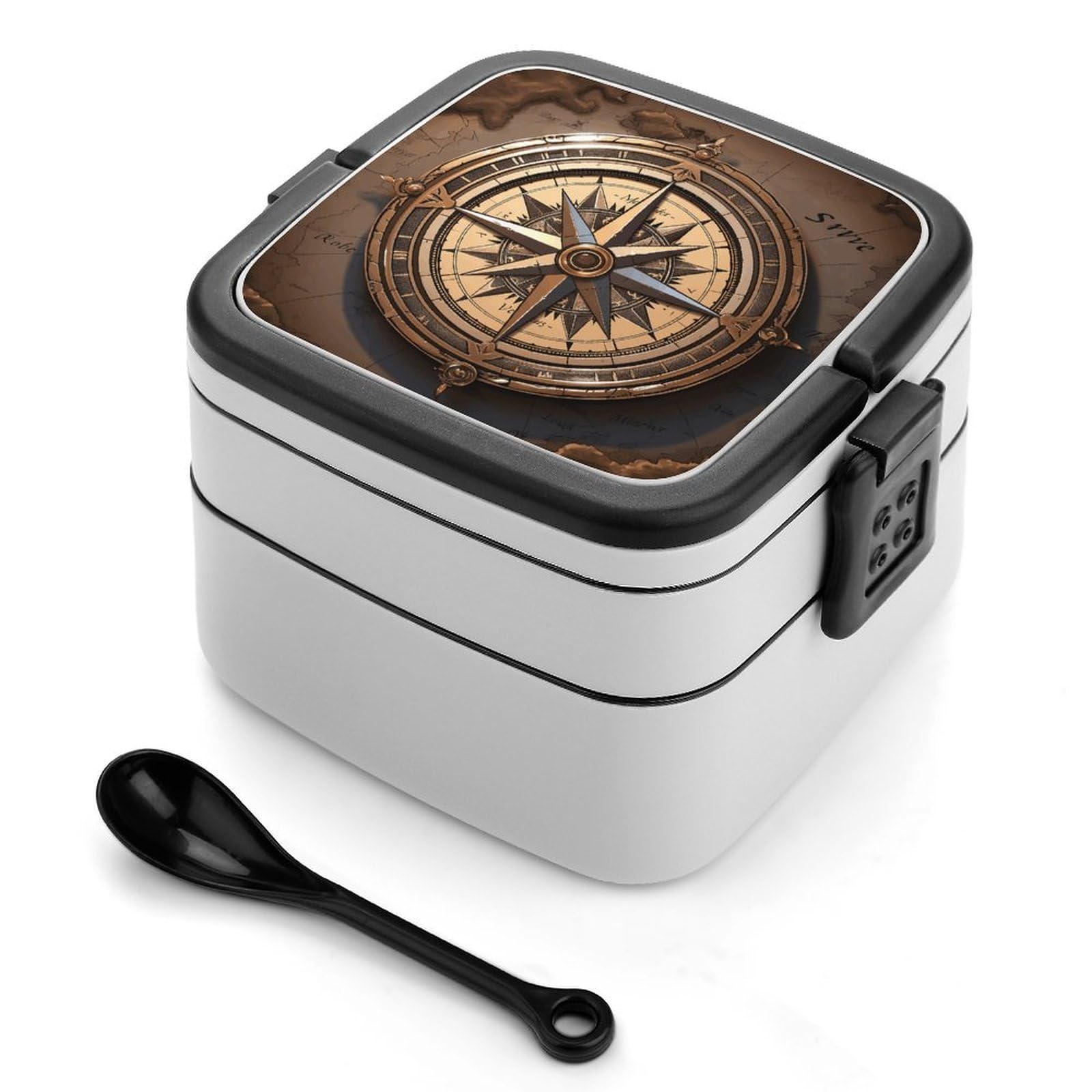 VstaDank Compass Wind Road Map Bento Box with Compartments Portable Lunch Containers with Spoon Leak Proof Bento Lunch Box Snap-On Design Double-Layer Insulated Lunch Boxes for Work Camping