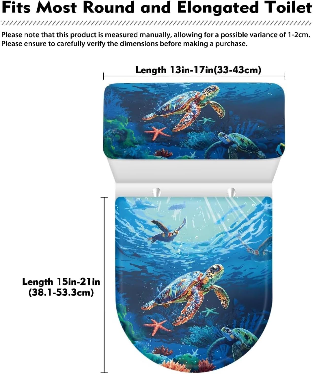 GLENLCWE Sea Turtle Toilet Lid & Tank Cover Blue, 2Pcs Set Reusable Seat Covers, Fits Most Round, Elongated and Oblong Lids Animal Print