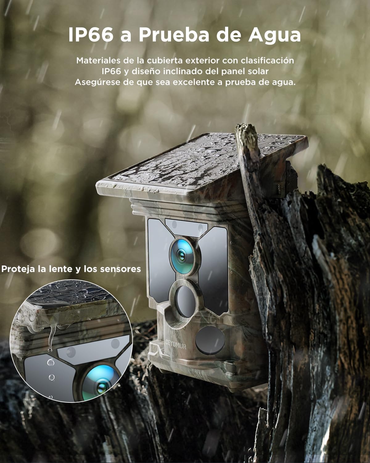 CEYOMUR Cámara Caza Solar 4K 68MP, Camara Fototrampeo Wi-Fi con Batería de 5200 mAh, Sensor de Movimiento de 120°, Visión Nocturna, IP66 a Prueba de Agua con Tarjeta Micro SD de 32 GB
