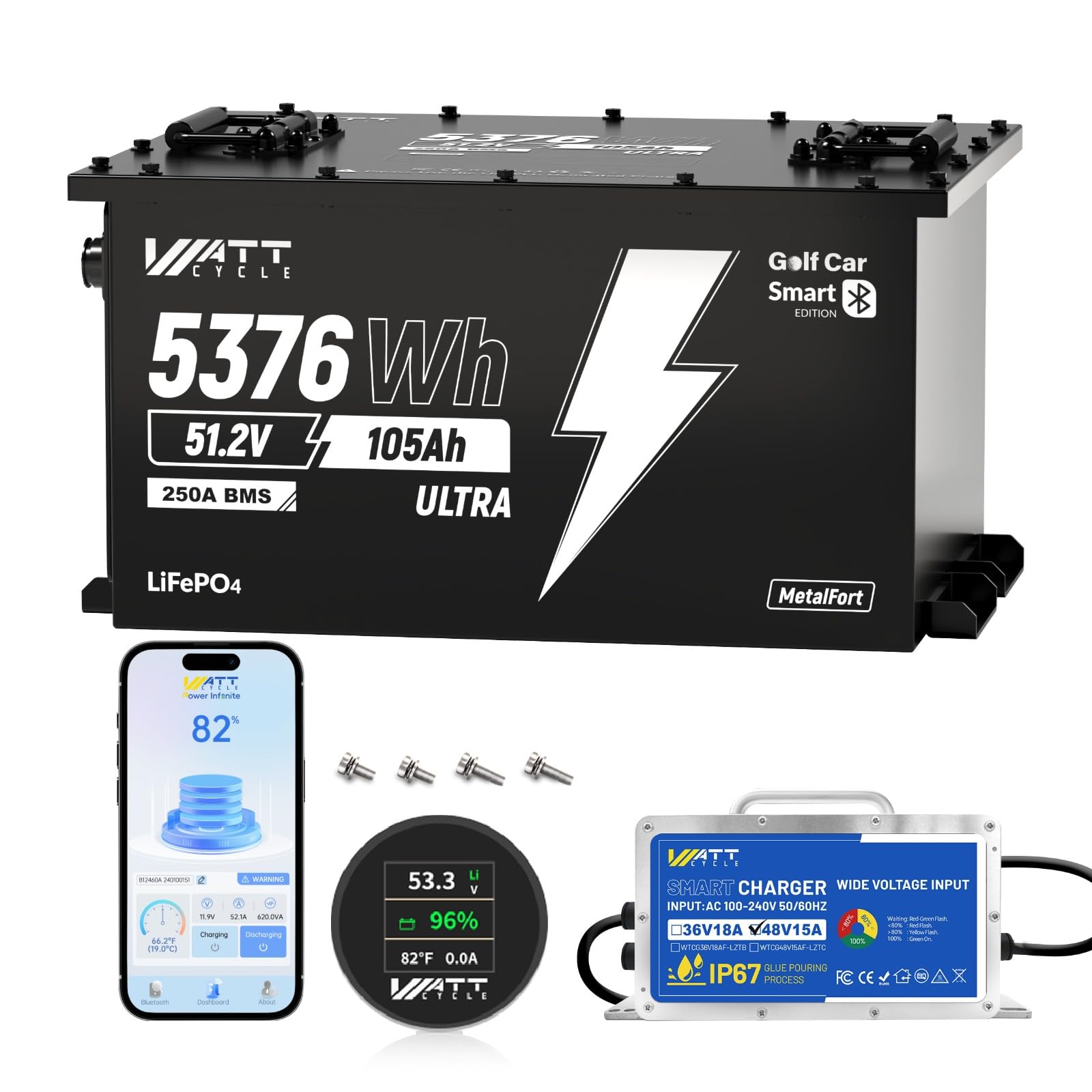 WattCycle 48V 105Ah LiFePO4 Golf Cart Battery with 15A Charger 48V Lithium Battery 250A Smart BMS IP65 Waterproof