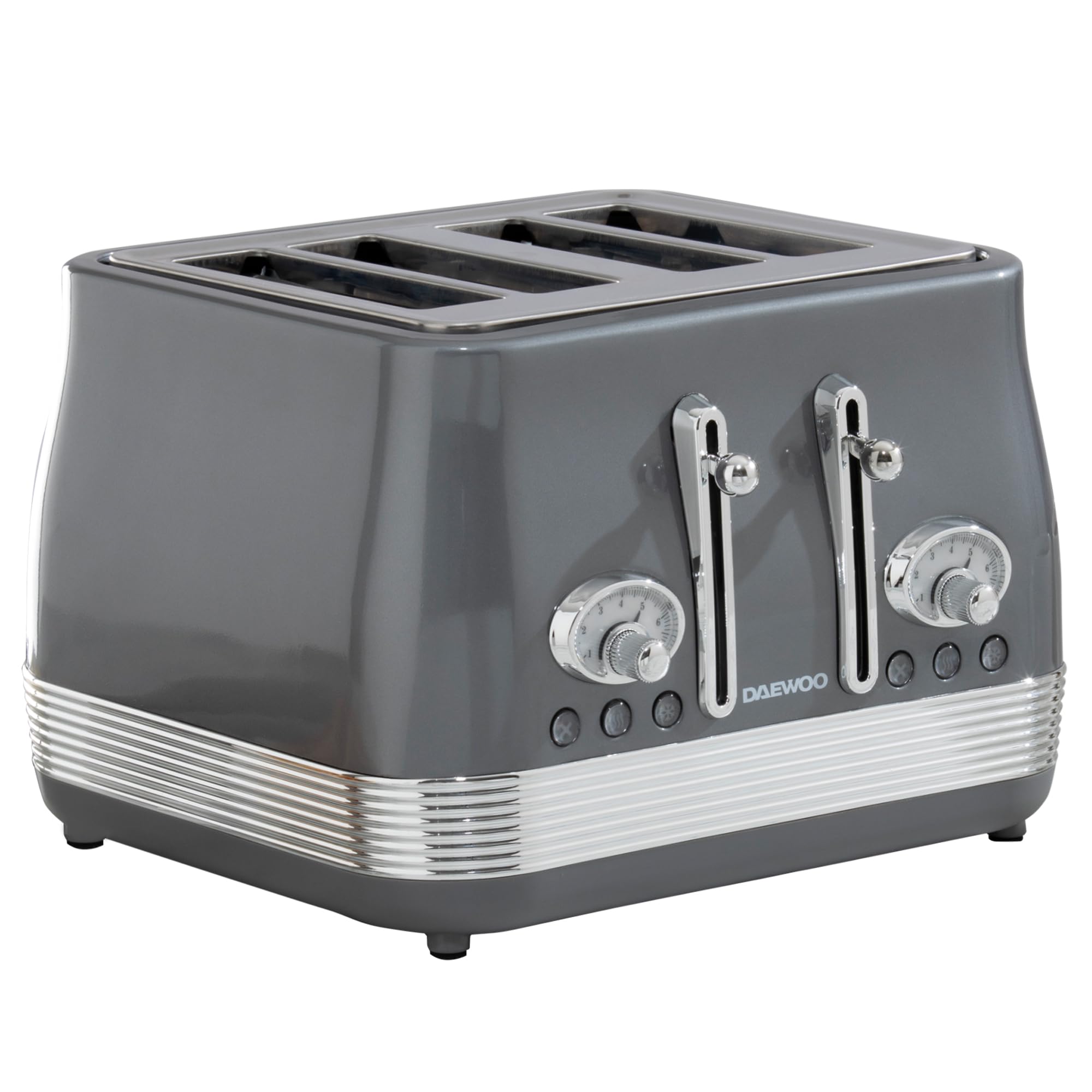 Daewoo Denver 4 Slice Toaster – Smoked Grey, Retro Vintage Design, Wide Slots, Defrost, Reheat, Cancel Functions, Browning Control, Removable Crumb Trays – Ideal for Family Kitchens