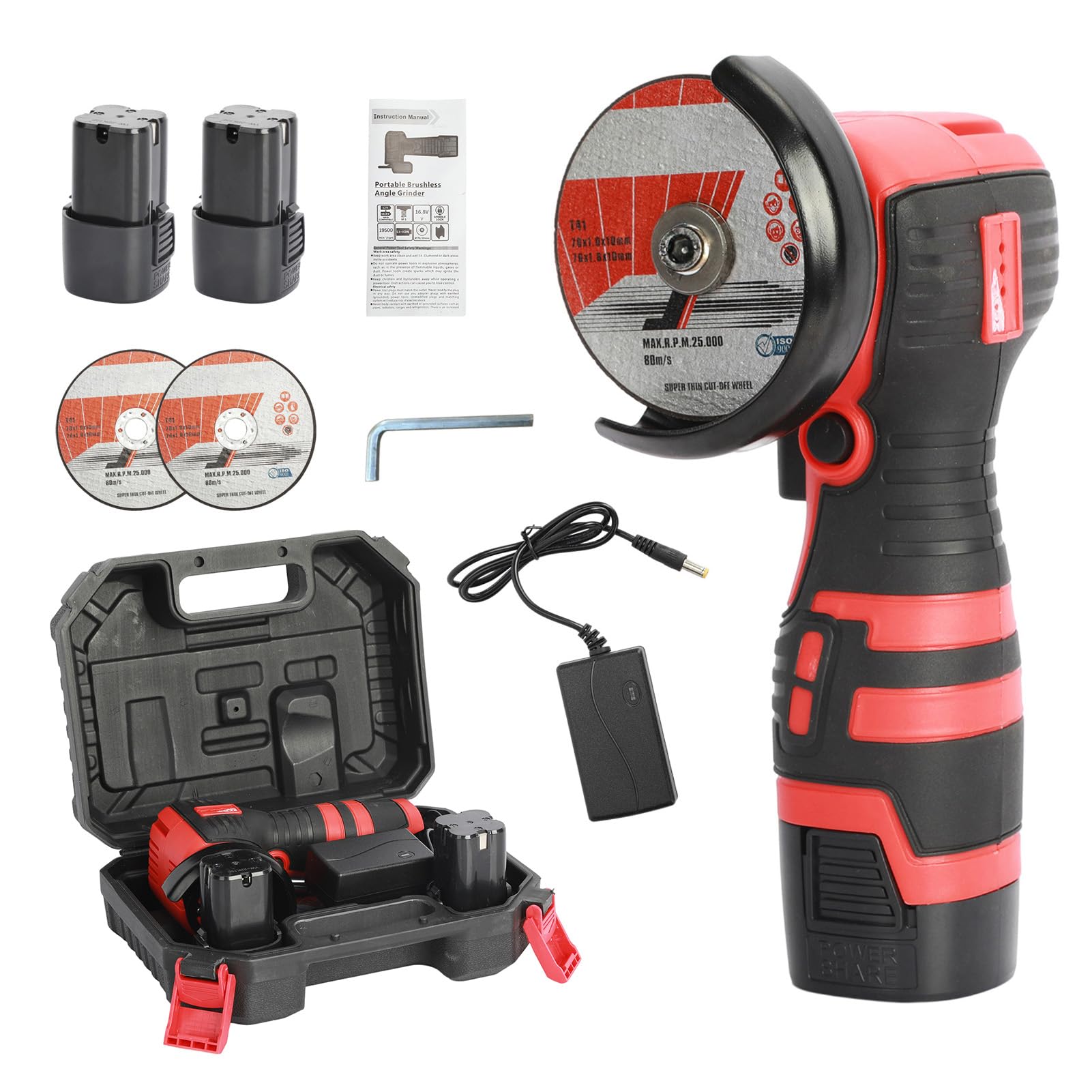 Akumulatorowa szlifierka kątowa 16,8 V – bezprzewodowa mini szlifierka akumulatorowa o mocy 550 W, grubość cięcia 10 mm, 2 x bateria 1,5 A, ładowarka, akcesoria do szlifierki i pudełko na narzędzia