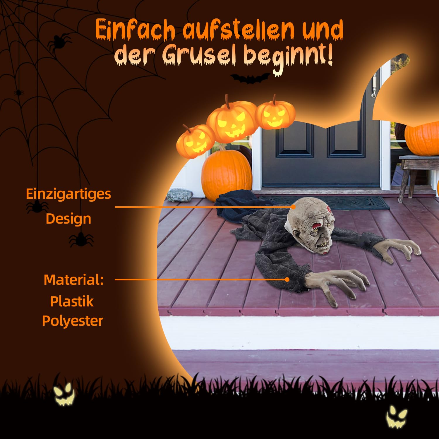 Dekoracja na Halloween Zombie 1,40 m – pełzająca straszna figurka z ruchem ramienia, czerwone oczy LED | dźwięk – figurka Halloween SHXHD2403 na baterie – dekoracja na imprezę, wejście, korytarz i
