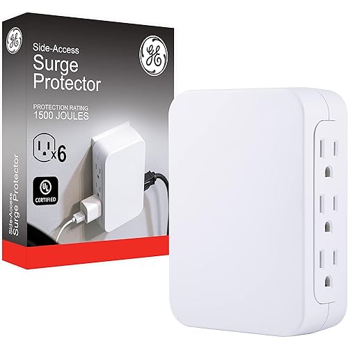 GE Pro 6-Outlet Extender, Surge Protector, Side Access, Wall Tap Adapter, 3-Prong, 1200 Joules, Warranty, UL Listed, White, 10353