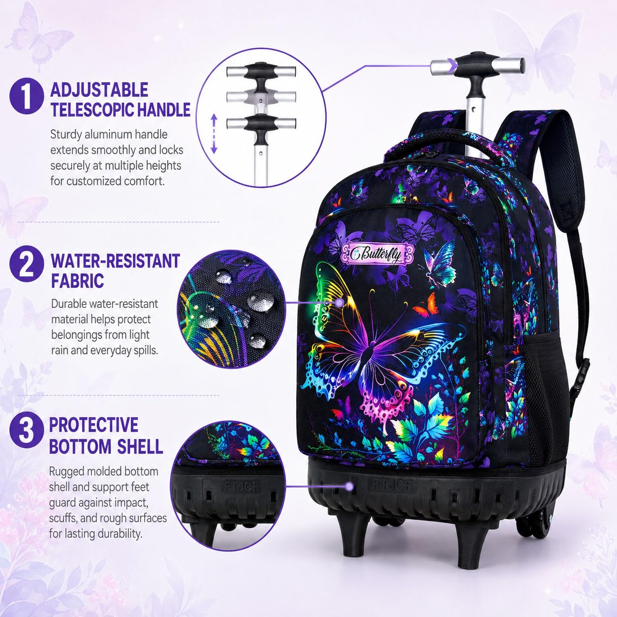 Mochila con ruedas de 3 piezas para niñas y mujeres, mochila con ruedas para niños, juego de mochilas con ruedas de mariposa para niños pequeños de primaria (negro), Negro mariposa, 48,26 cm,