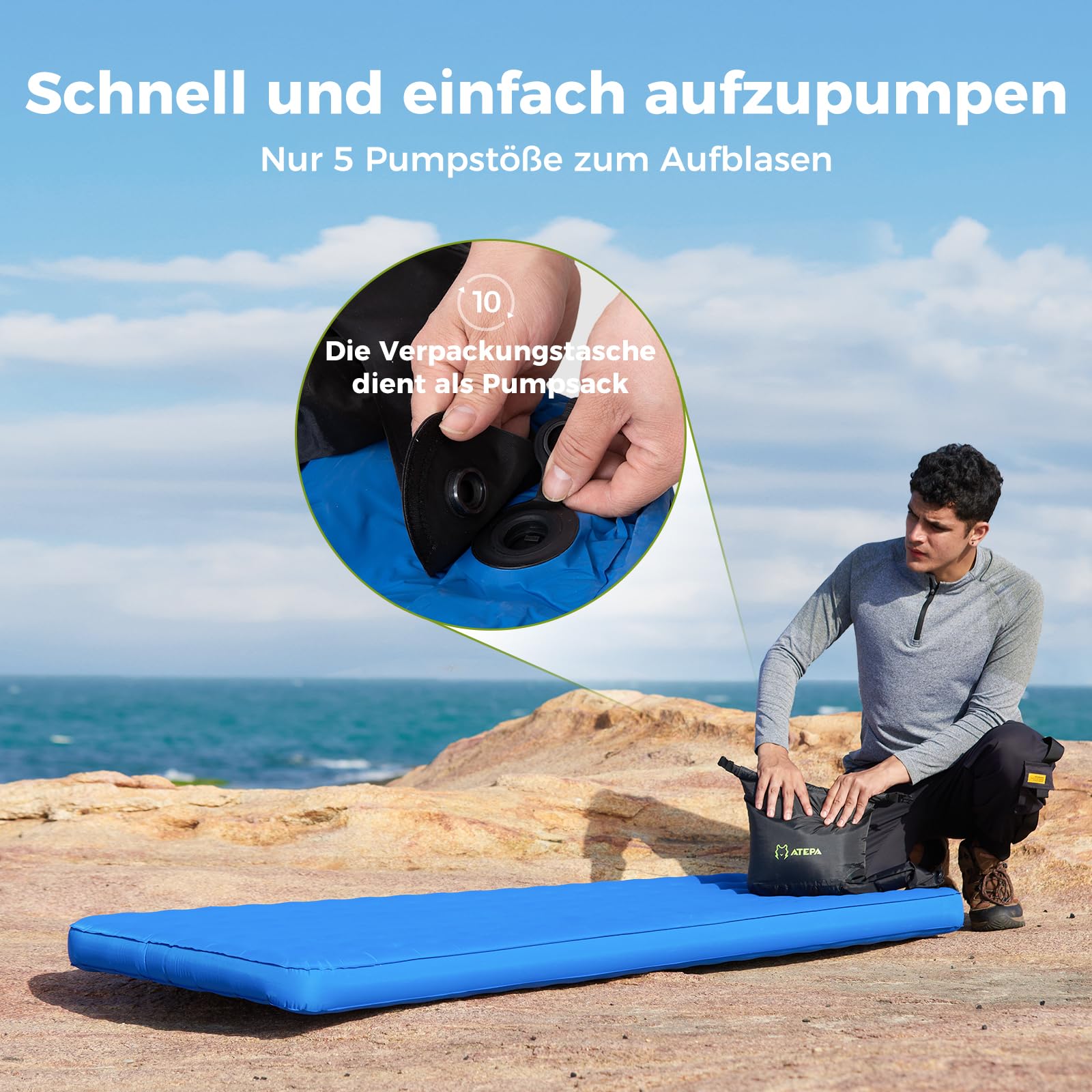 ATEPA ThermAir Pro Isomatte Ultraleicht für Camping & Backpacking, 6.6 R-Wert Isolierte Luftmatte mit 7 Kammern, Kompakte Camping Matte mit Tragetasche, Extra Groß & Breit (197x65 cm)